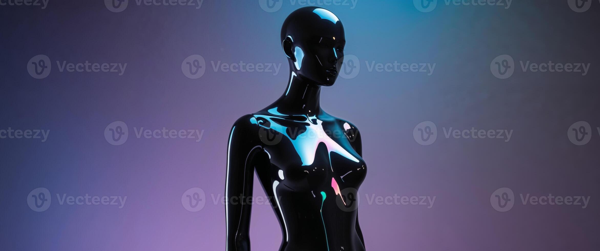 Futuristic black mannequin displaying iridescent reflections photo