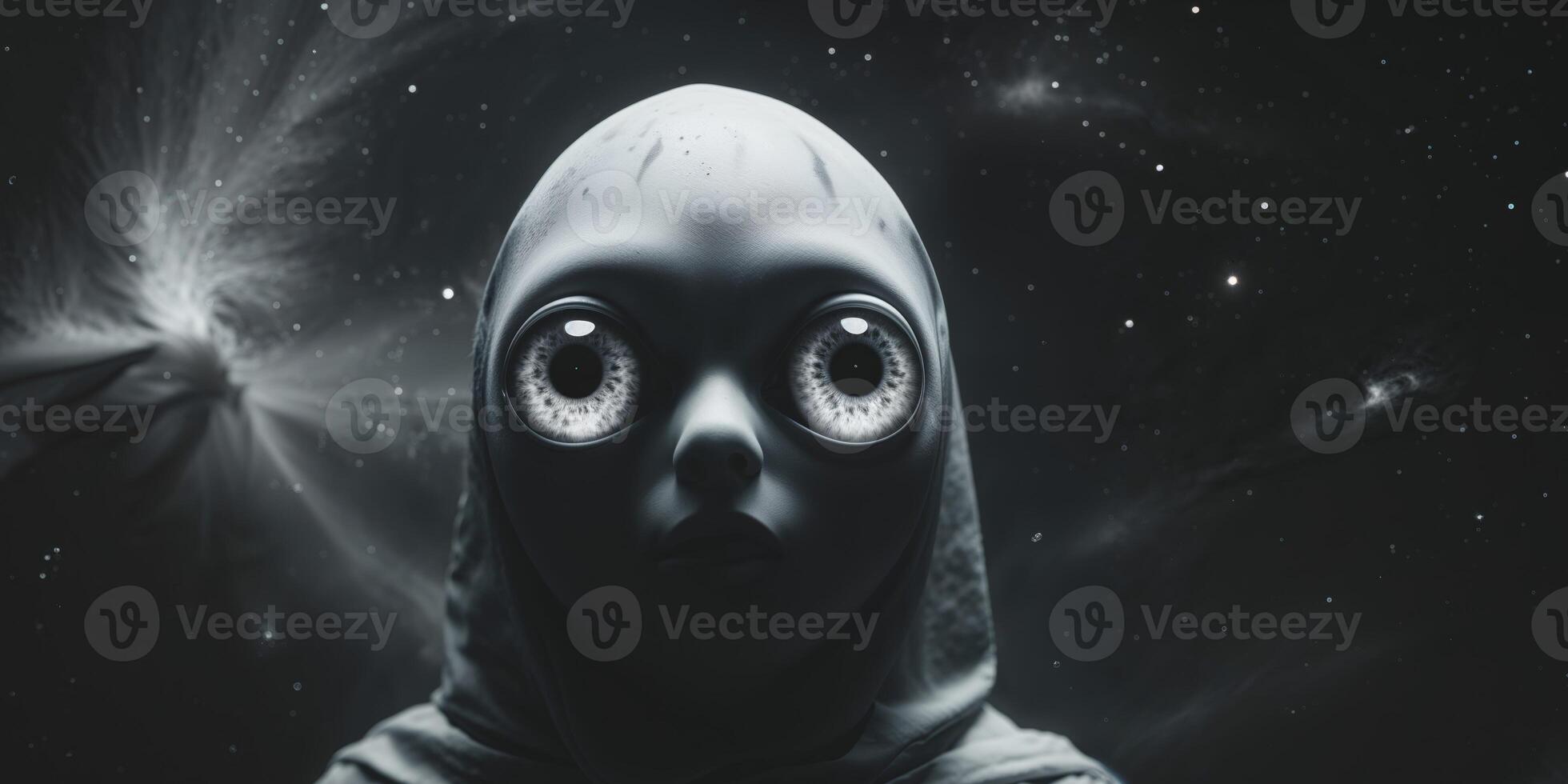 Mysterious Alien Figure with Big Eyes in Dark Space Background photo