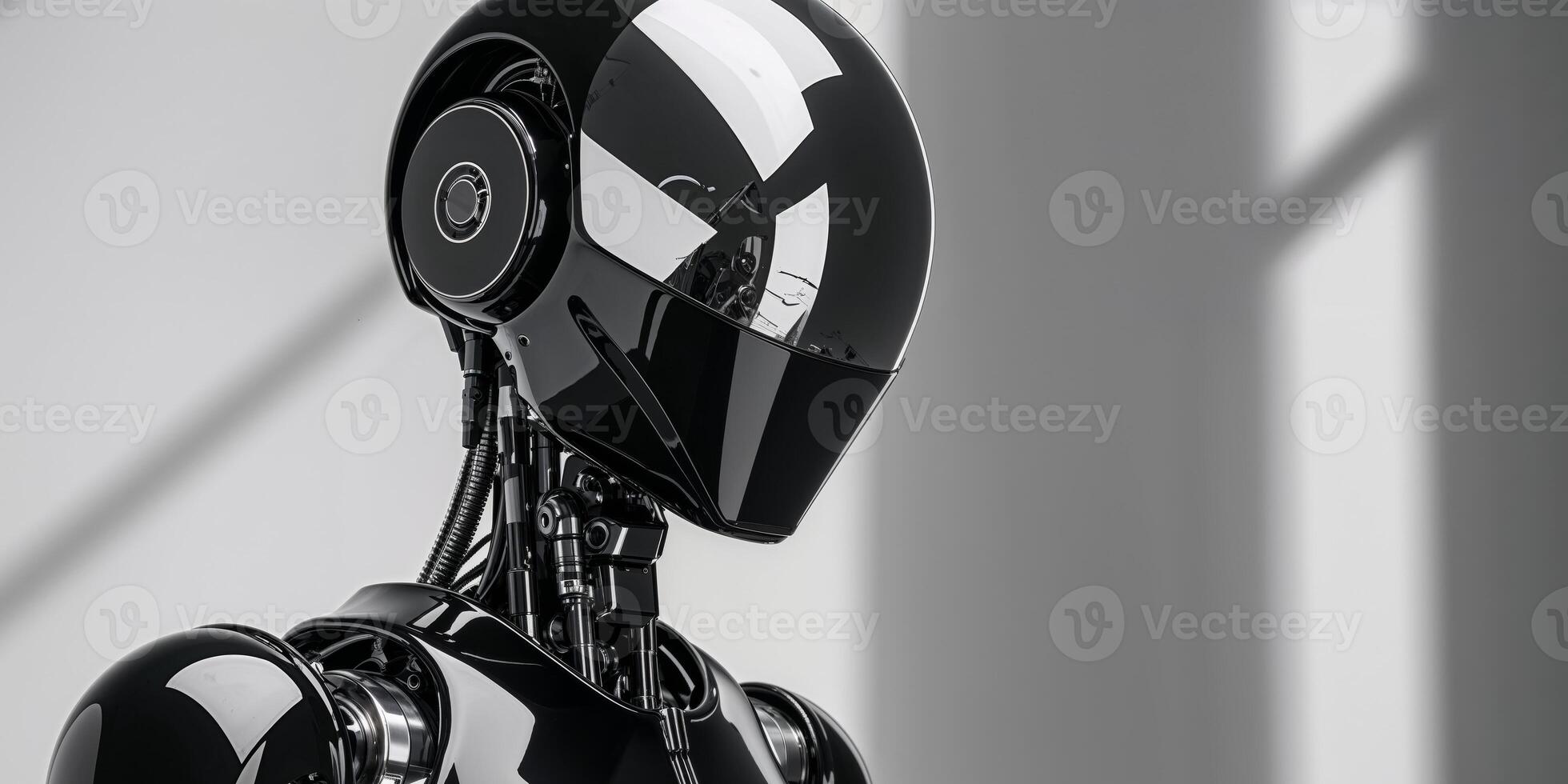 Futuristic Robot in a Black Suit and Helmet with Reflective Visor. photo