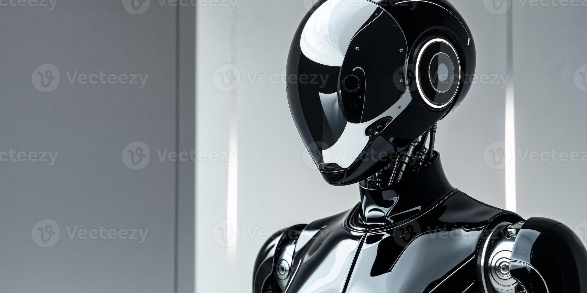 Futuristic Robot in a Black Suit and Helmet with Reflective Visor photo