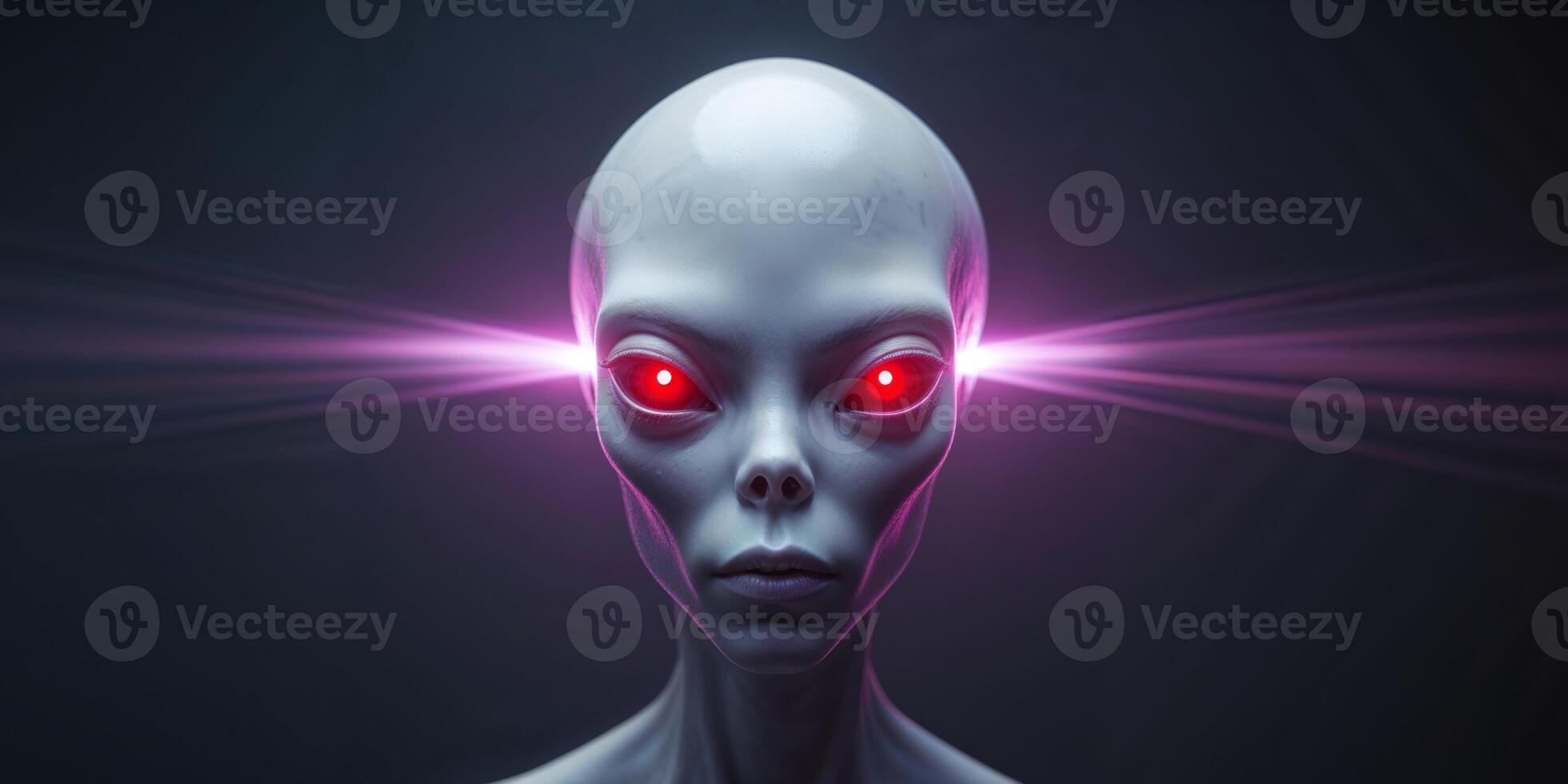 Mysterious Alien Head with Glowing Red Eyes and Purple Light Effect. photo