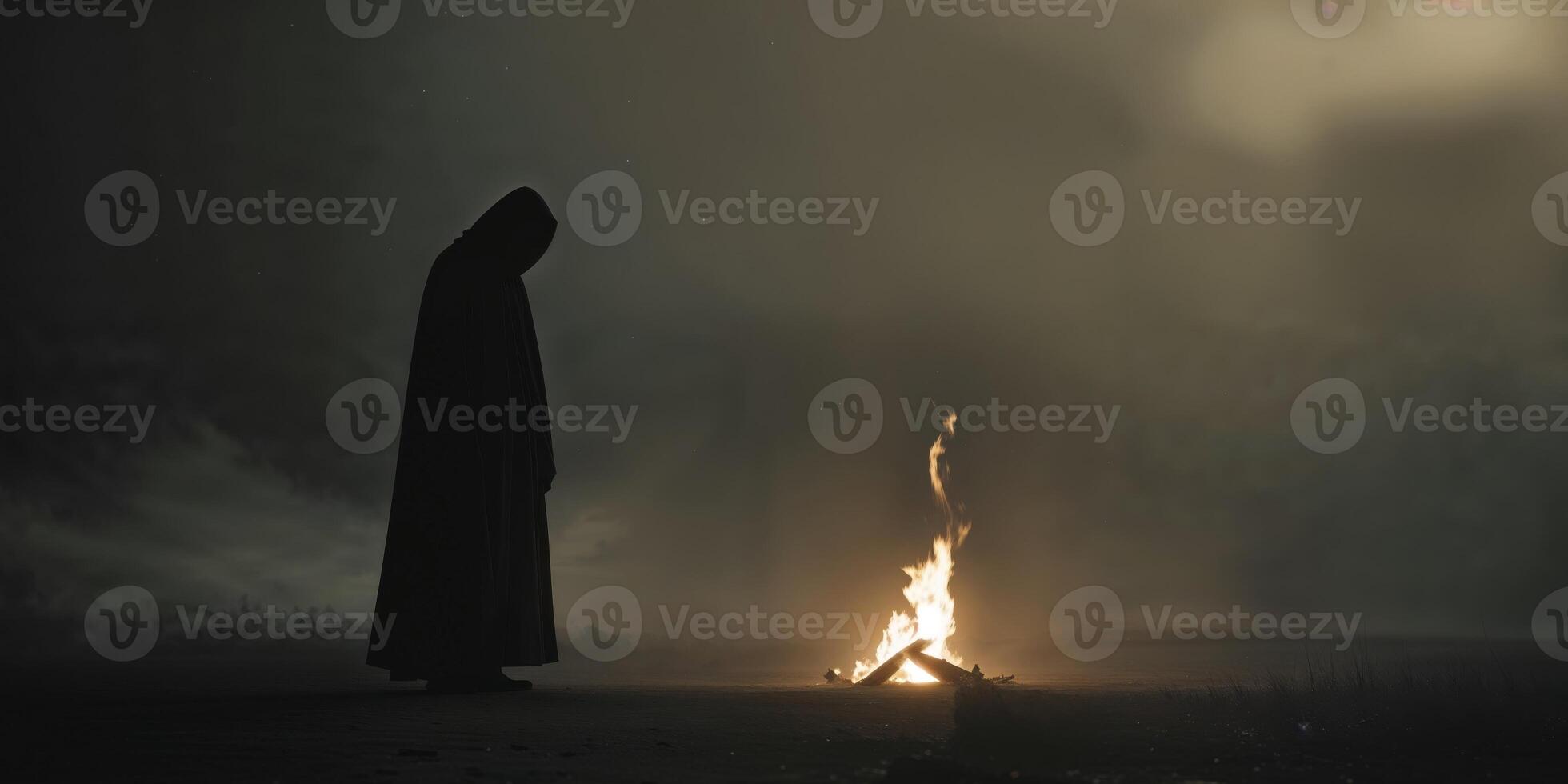 Dark Figure by the Fire in Mysterious Setting. photo