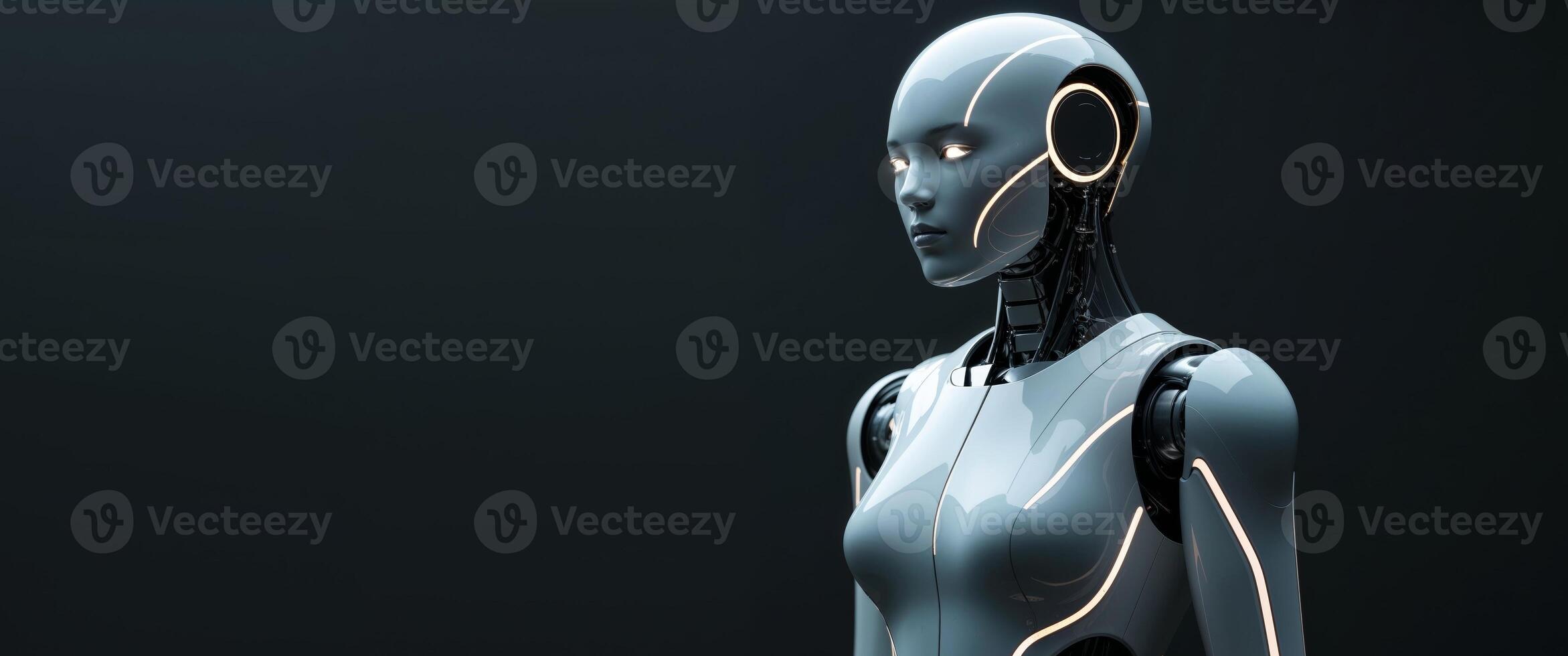 Futuristic White Robot with Glowing Lights in the Darkness Science and Innovation Visual Creation. photo
