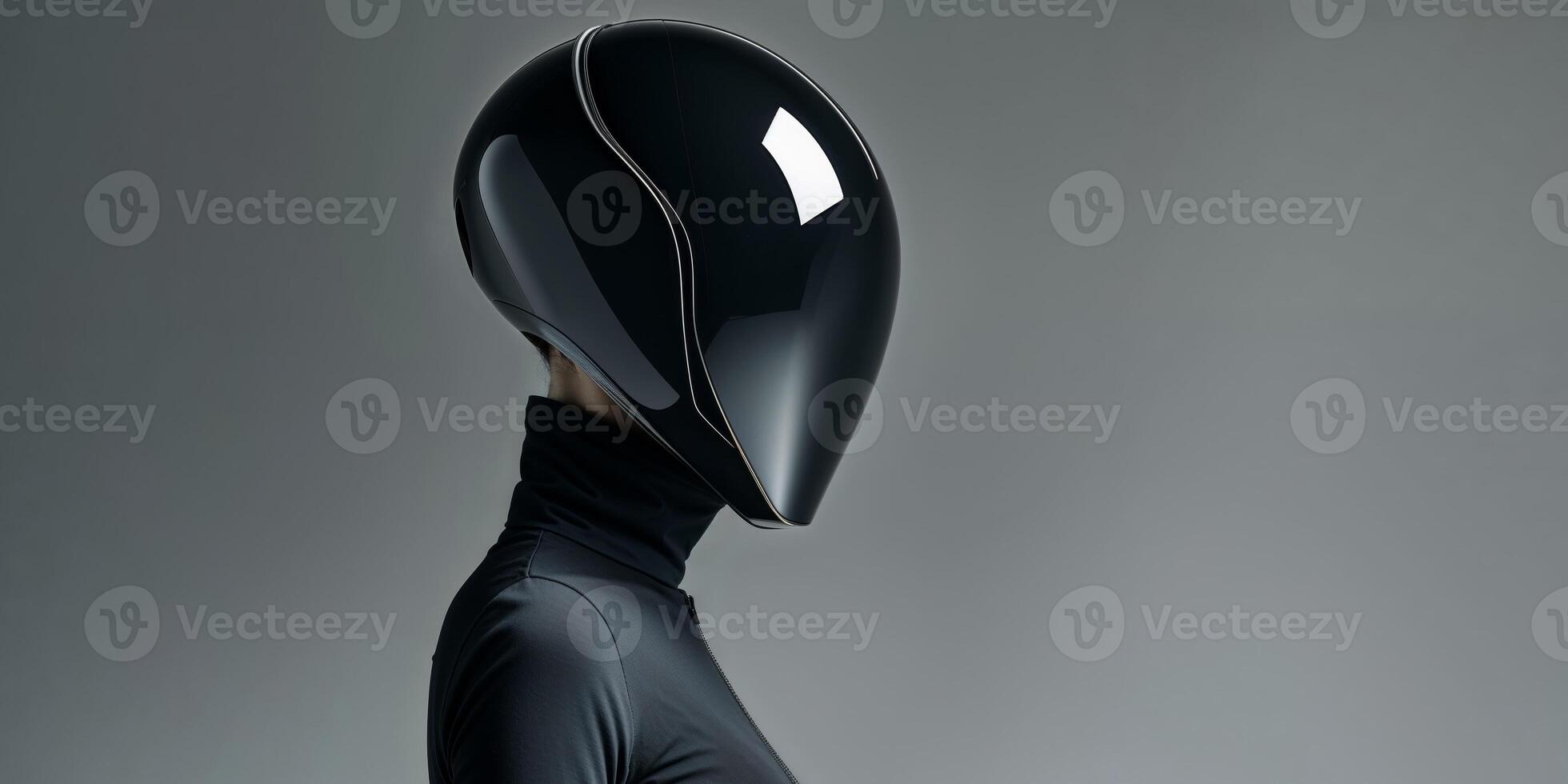 Futuristic Female Figure Wearing a Sleek Black Helmet. photo
