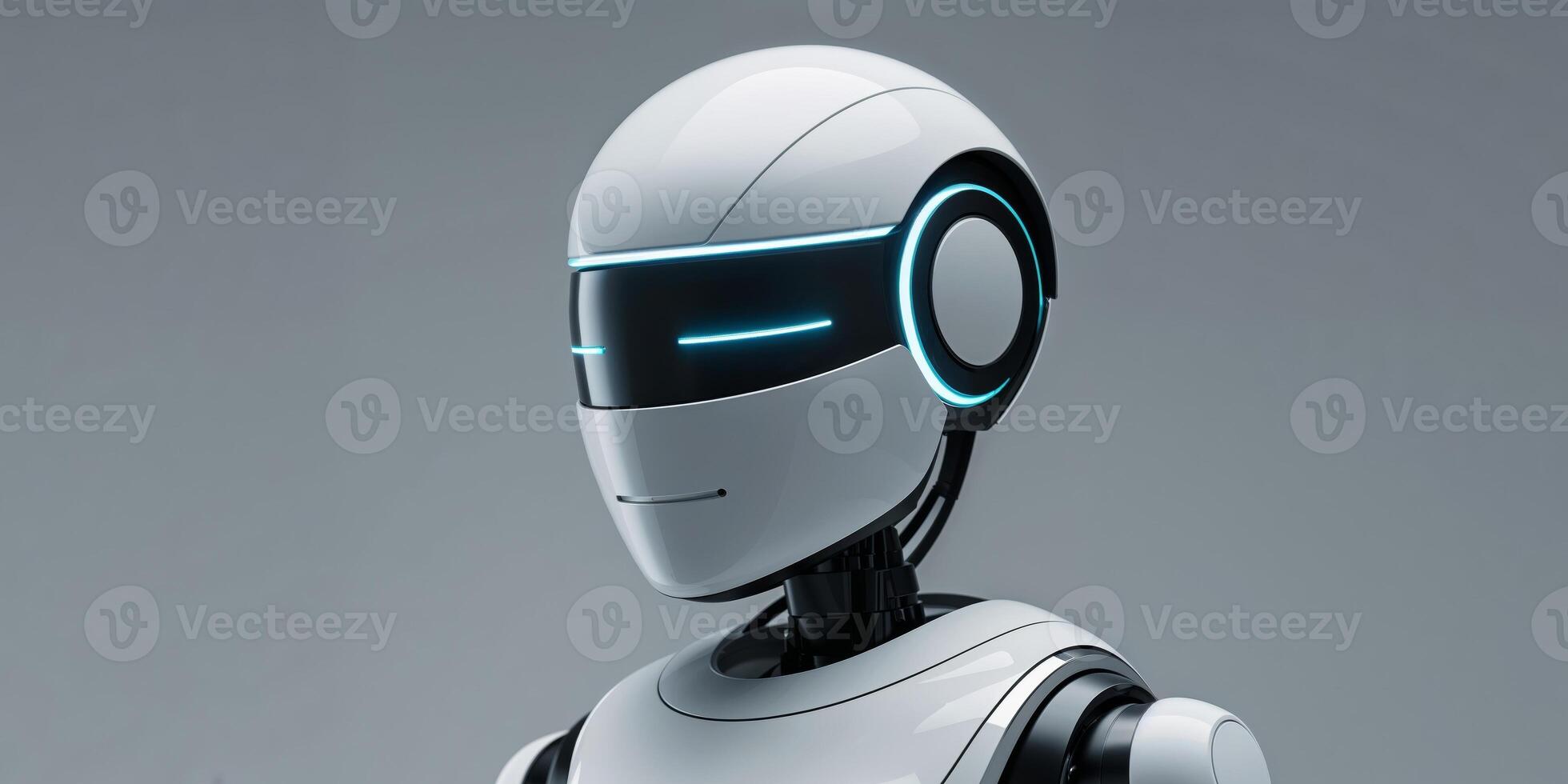 A robot with a white helmet and blue lights on its head photo