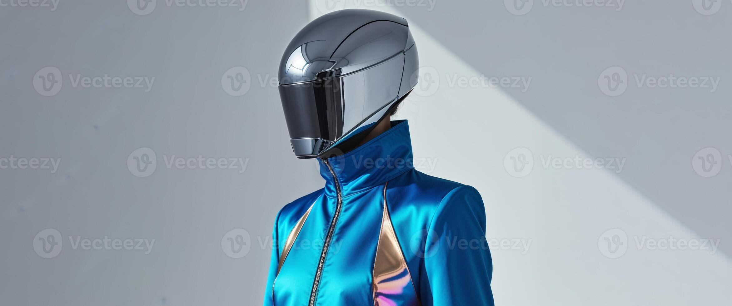 Figure with a sleek visor helmet and chromatic outfit. photo
