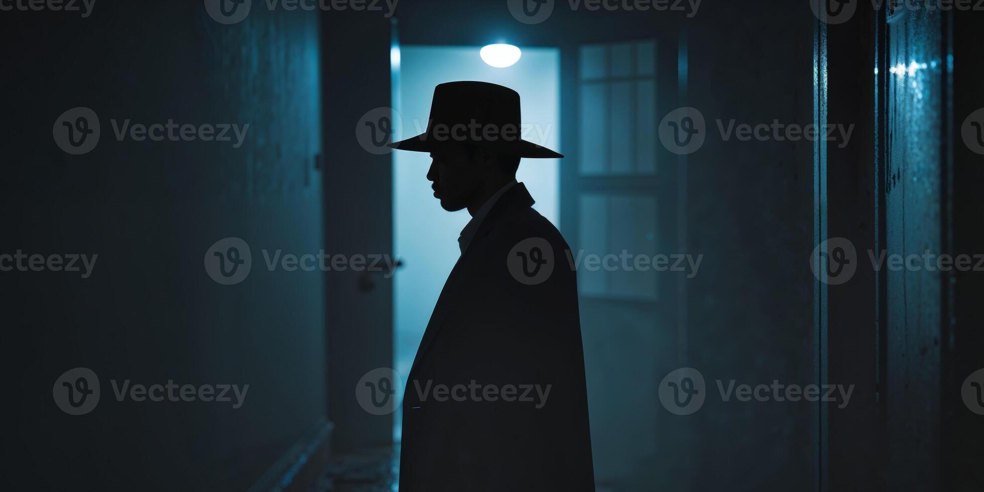 Man in hat cast in shadow near doorway at night. photo