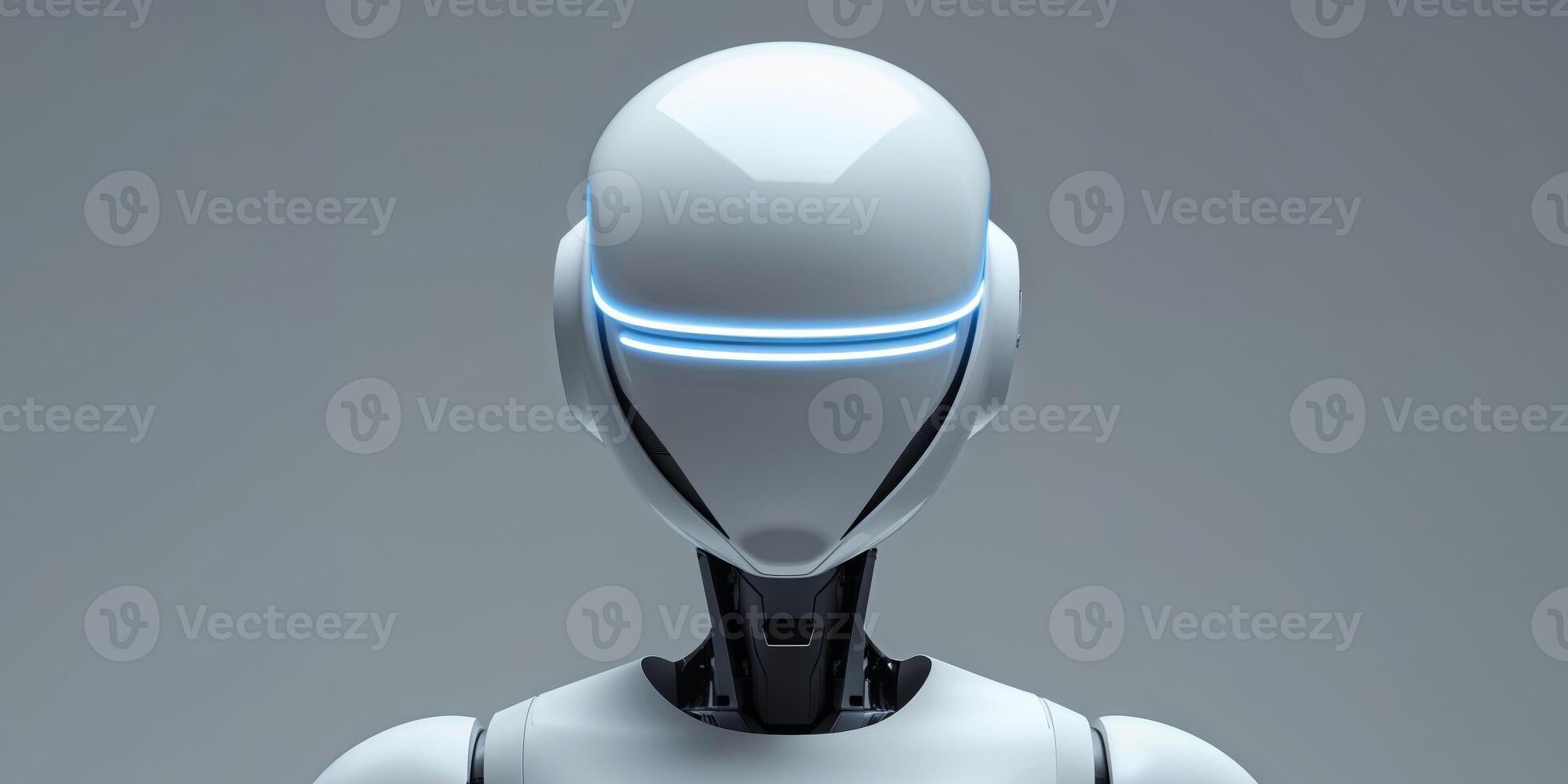 A robot with a white helmet and blue lights on its head. photo