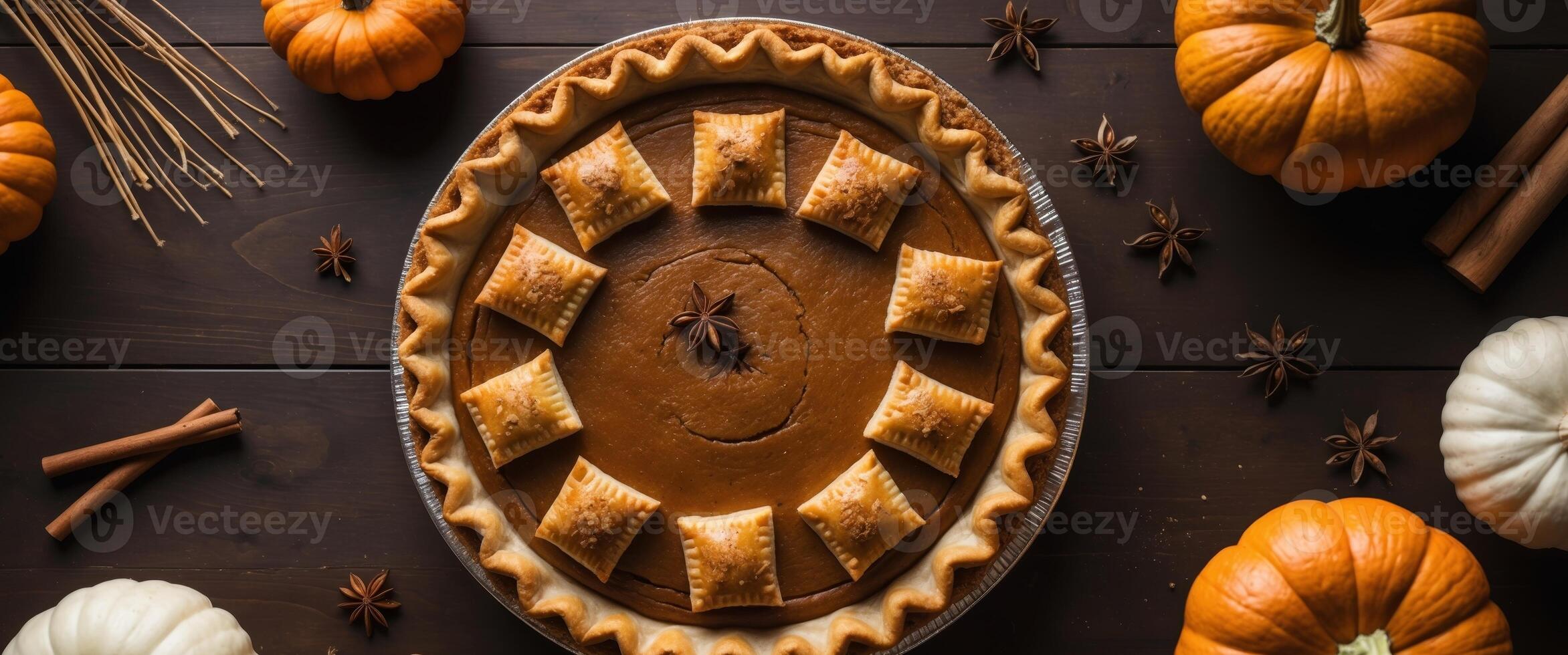 Overhead Shot of Delicious Pumpkin Pie Topped with Pastry Squares Surrounded by Fresh Ingredients Like Pumpkin and Spices on Dark Brown Table Surface photo