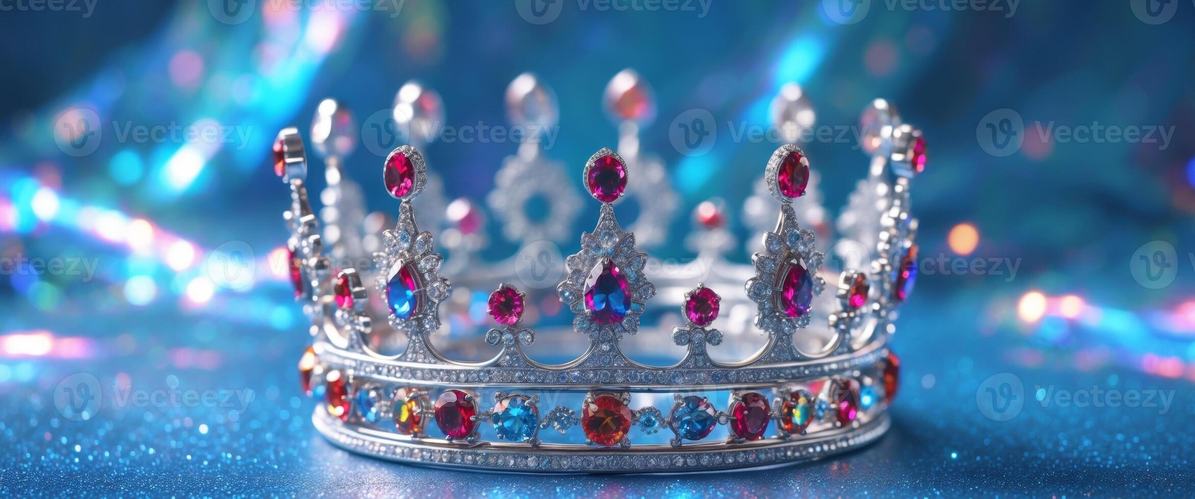 Silver Crown with Gemstones on Blue Glittering Background photo