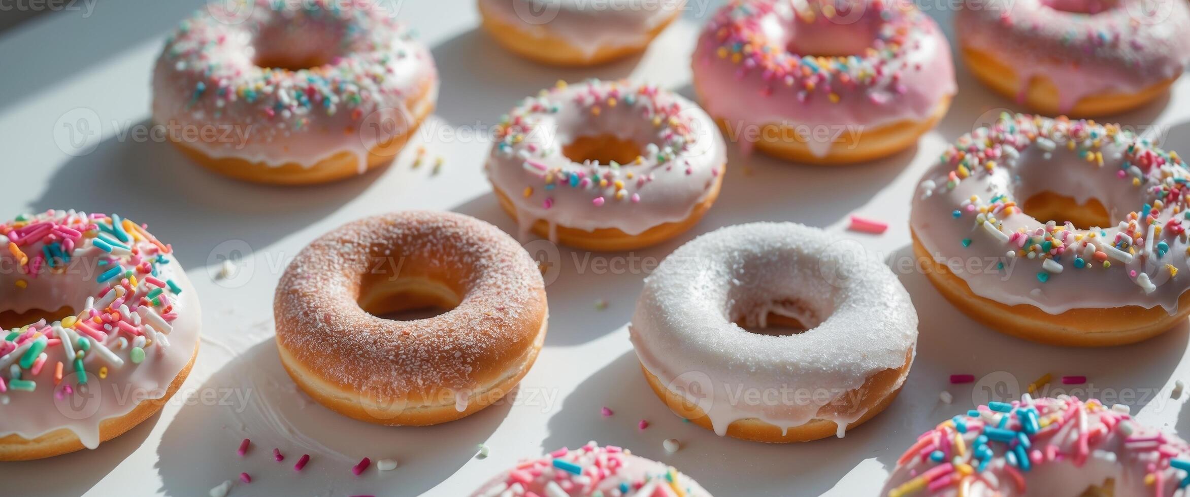 A variety of sweet donuts with sprinkles and icing sugar photo