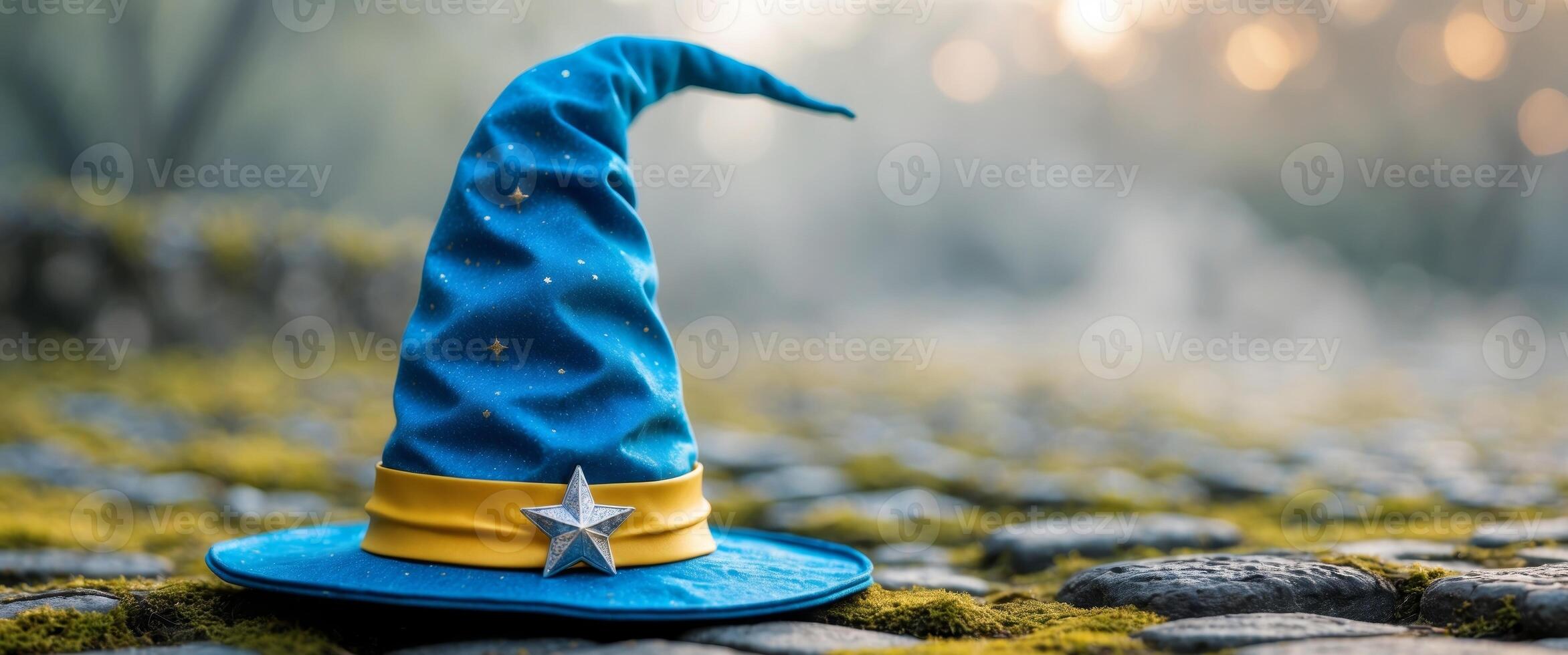 A blue and yellow wizard hat rests on cobblestone ground. photo