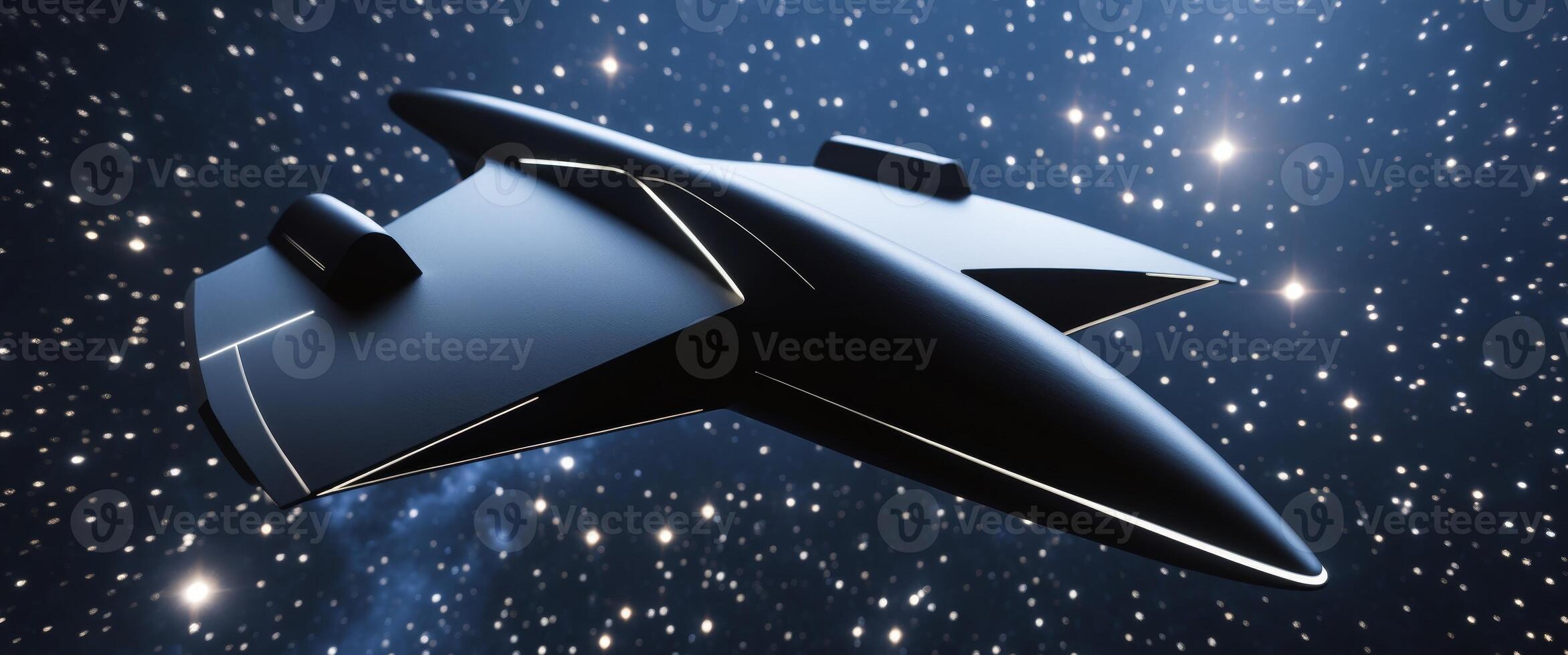 Black futuristic spaceship flying through space with stars in the background photo