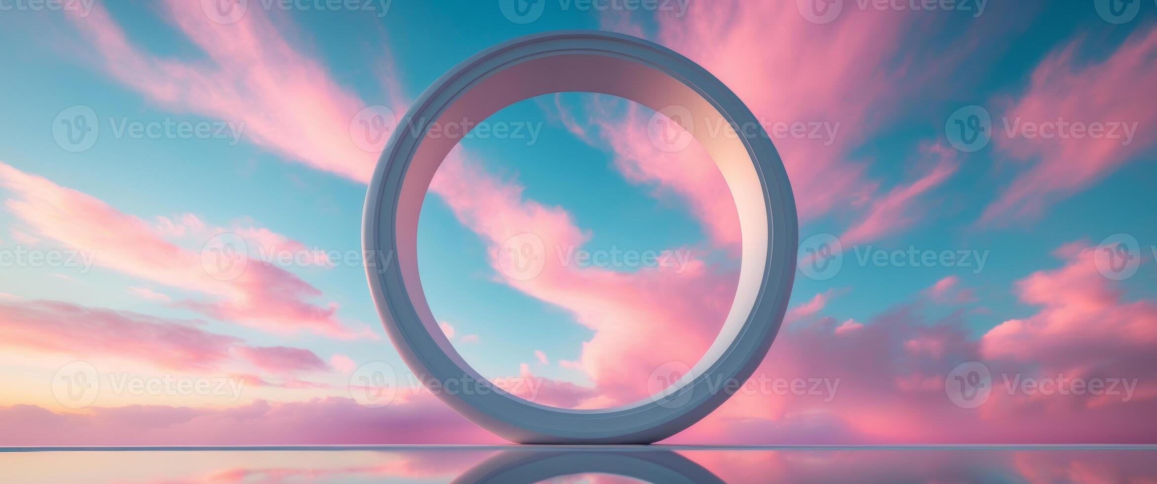 A circular object in front of a pink sky photo