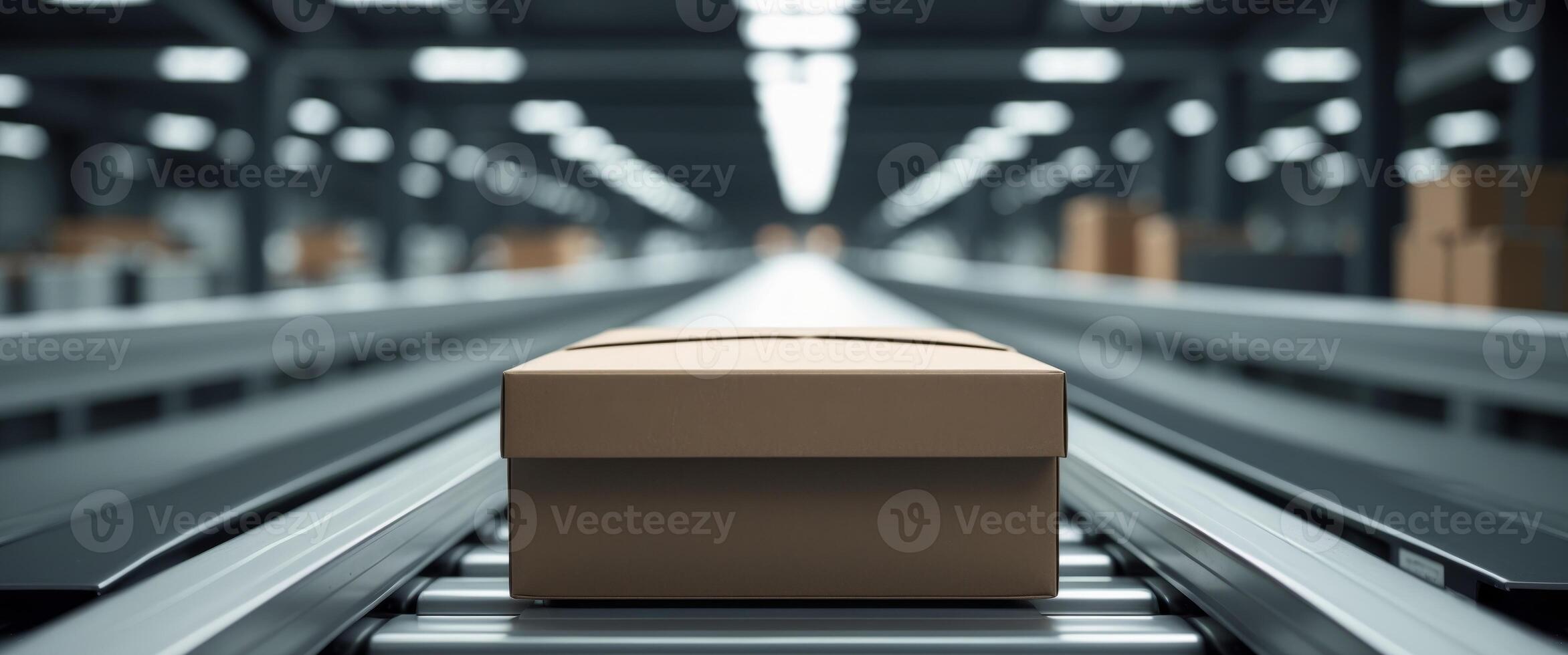 A cardboard box on a conveyor belt in an empty warehouse photo