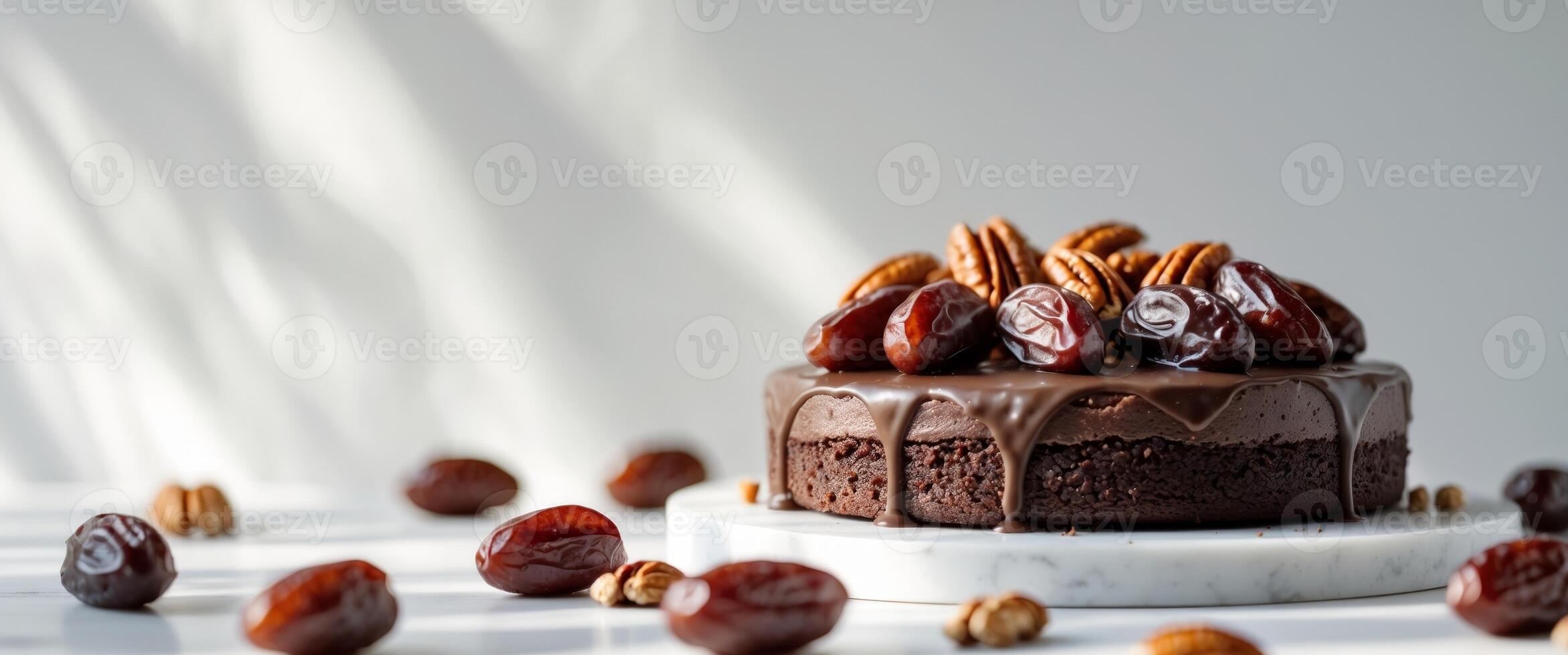 A chocolate cake with dates and nuts on top photo