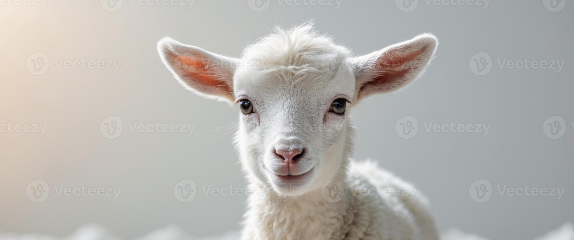 Smiling Lamb Cute Fluffy Farm Animal White Fur Adorable Creature Happy Goat Young Sheep photo