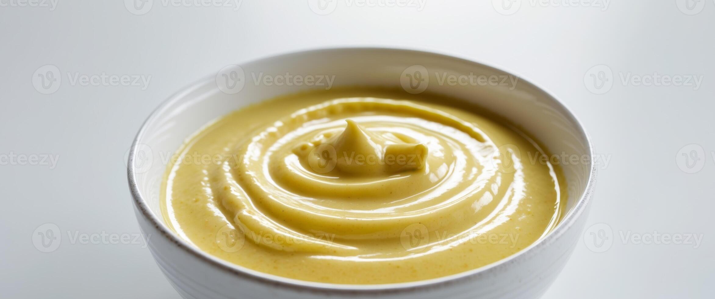 A bowl of yellow sauce on a white surface photo
