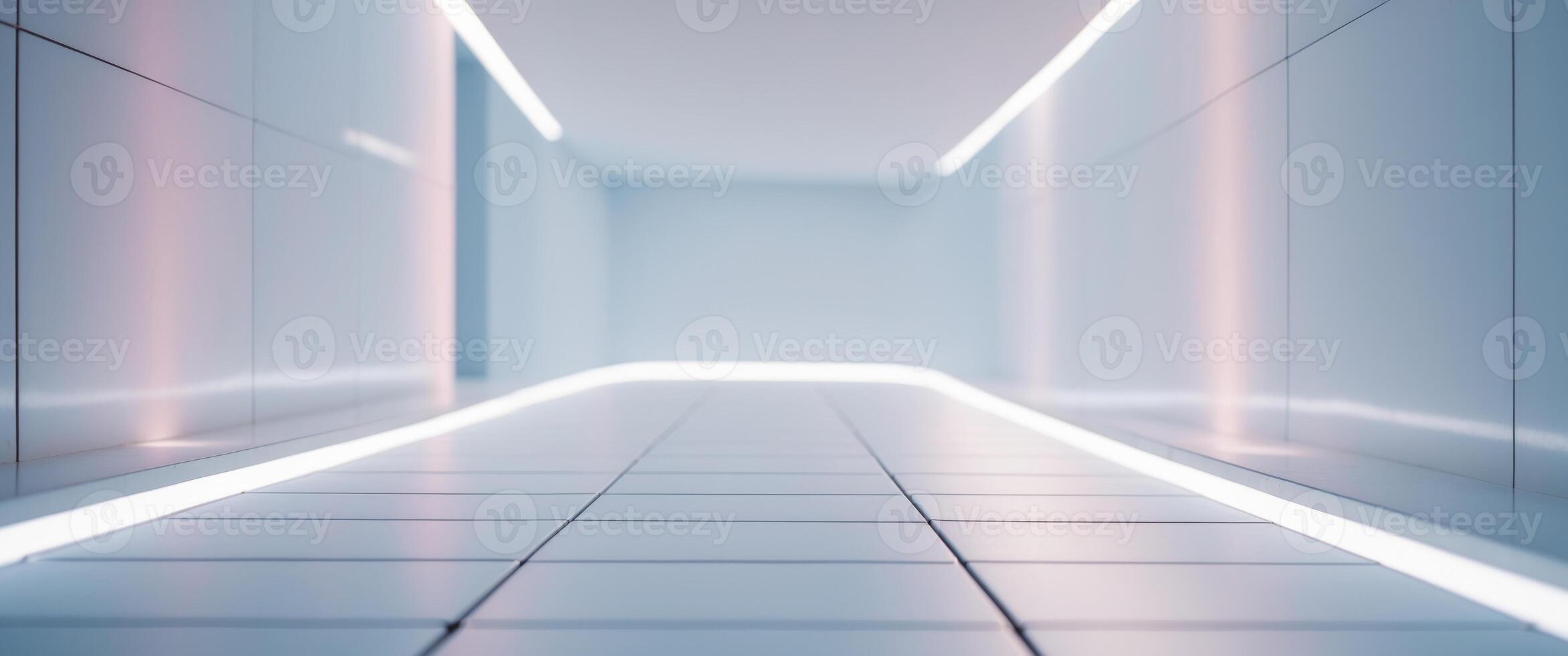 A long hallway with white walls and a light photo