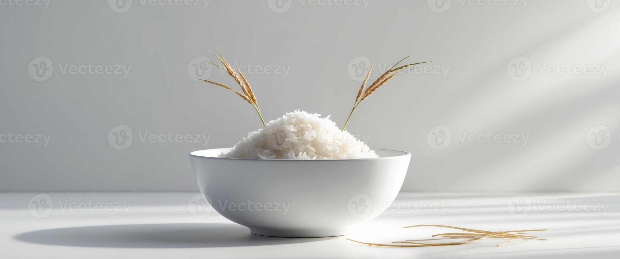 White Rice in Bowl with Rice Stalks on Light Surface Background. photo