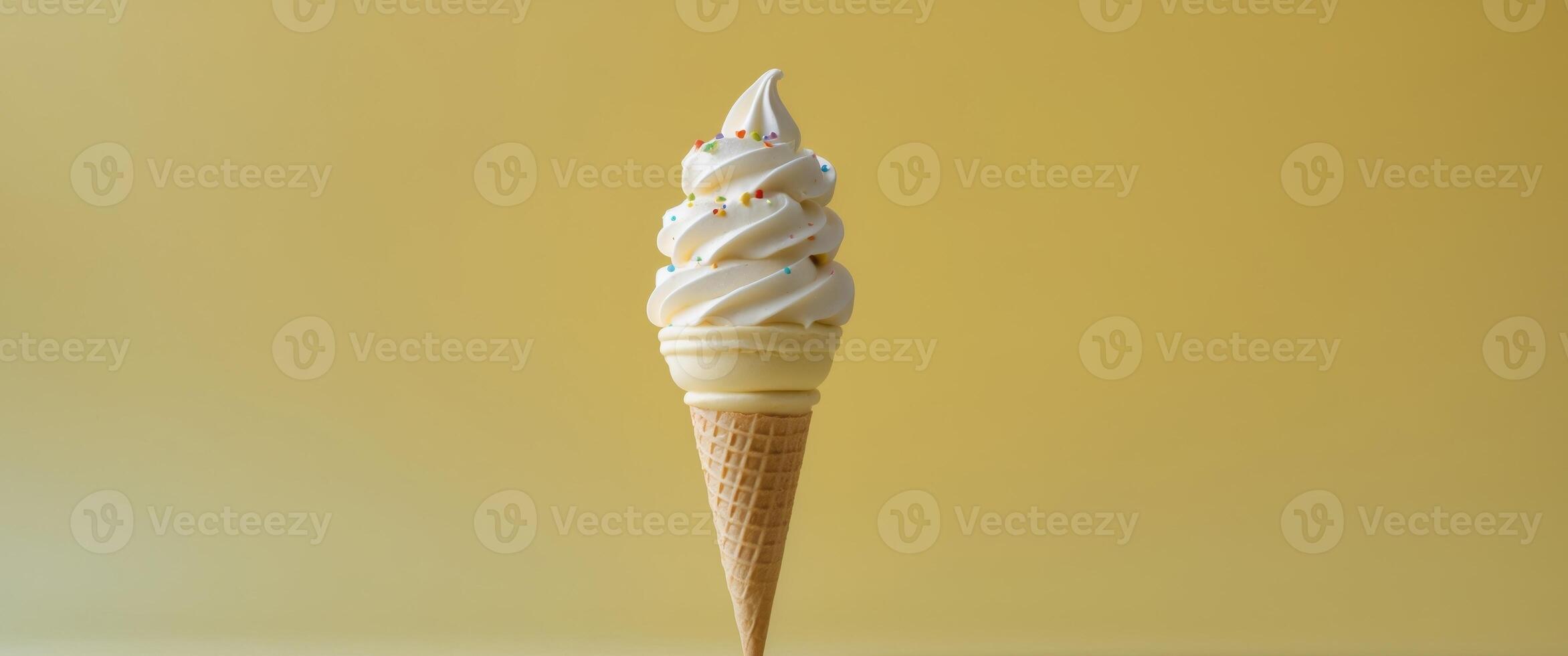 Creamy Vanilla Soft Serve Ice Cream Cone on Yellow Background Delicious Summer Treat. photo