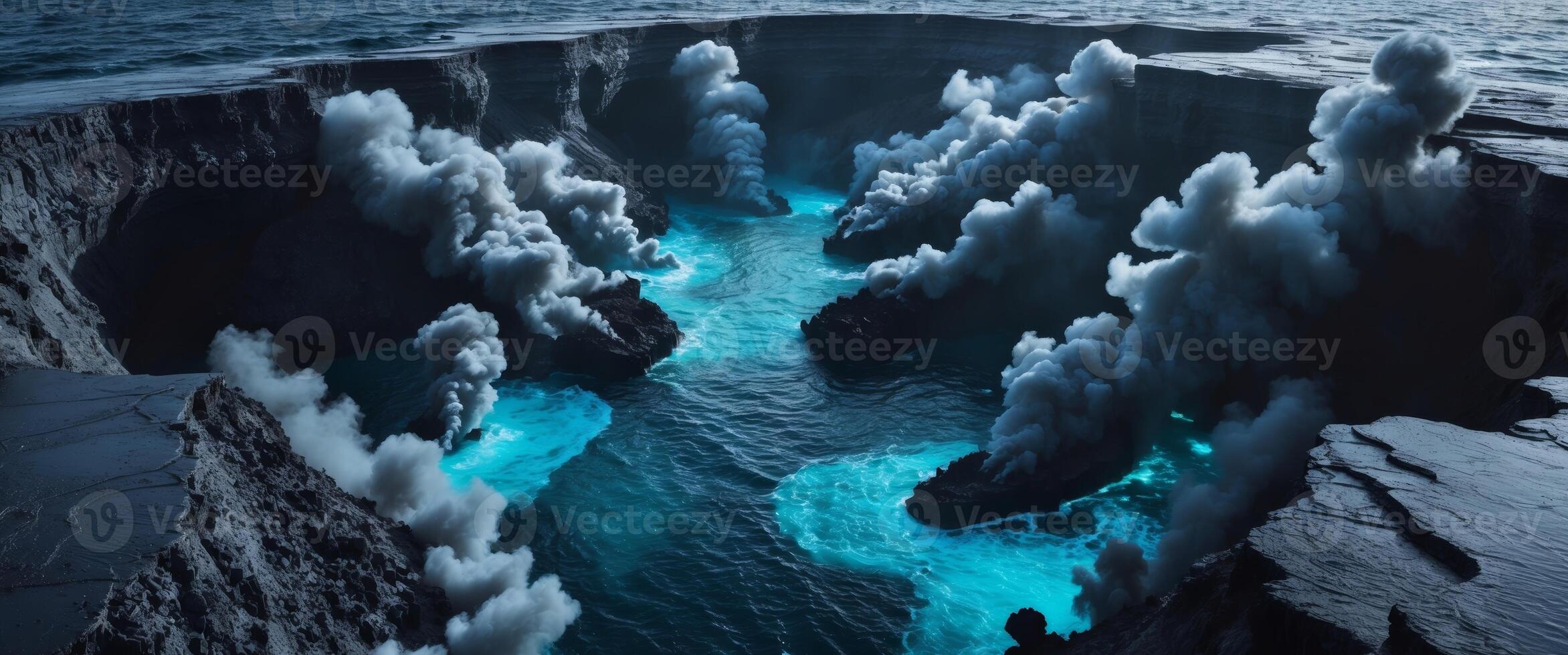 Hydrothermal Vents Erupting Plumes of Dark Smoke in Deep Ocean Trench photo