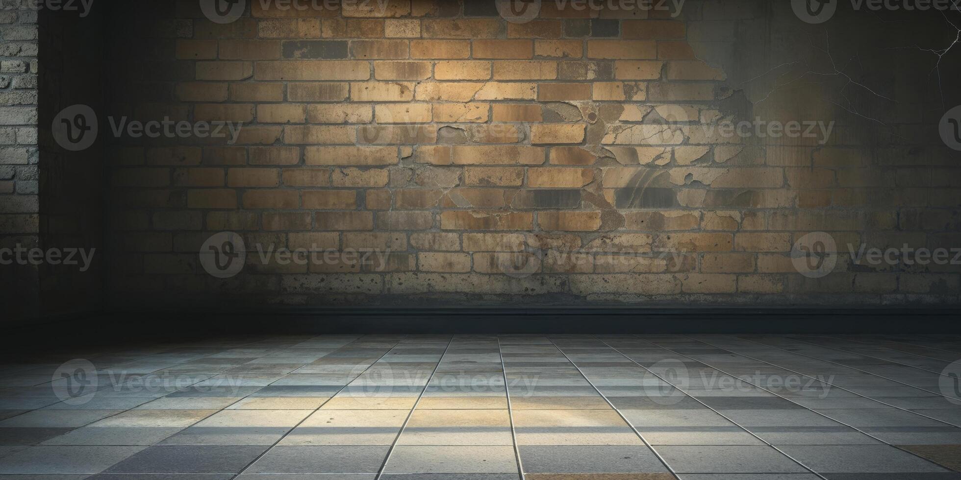 An empty room with a brick wall and tiled floor photo