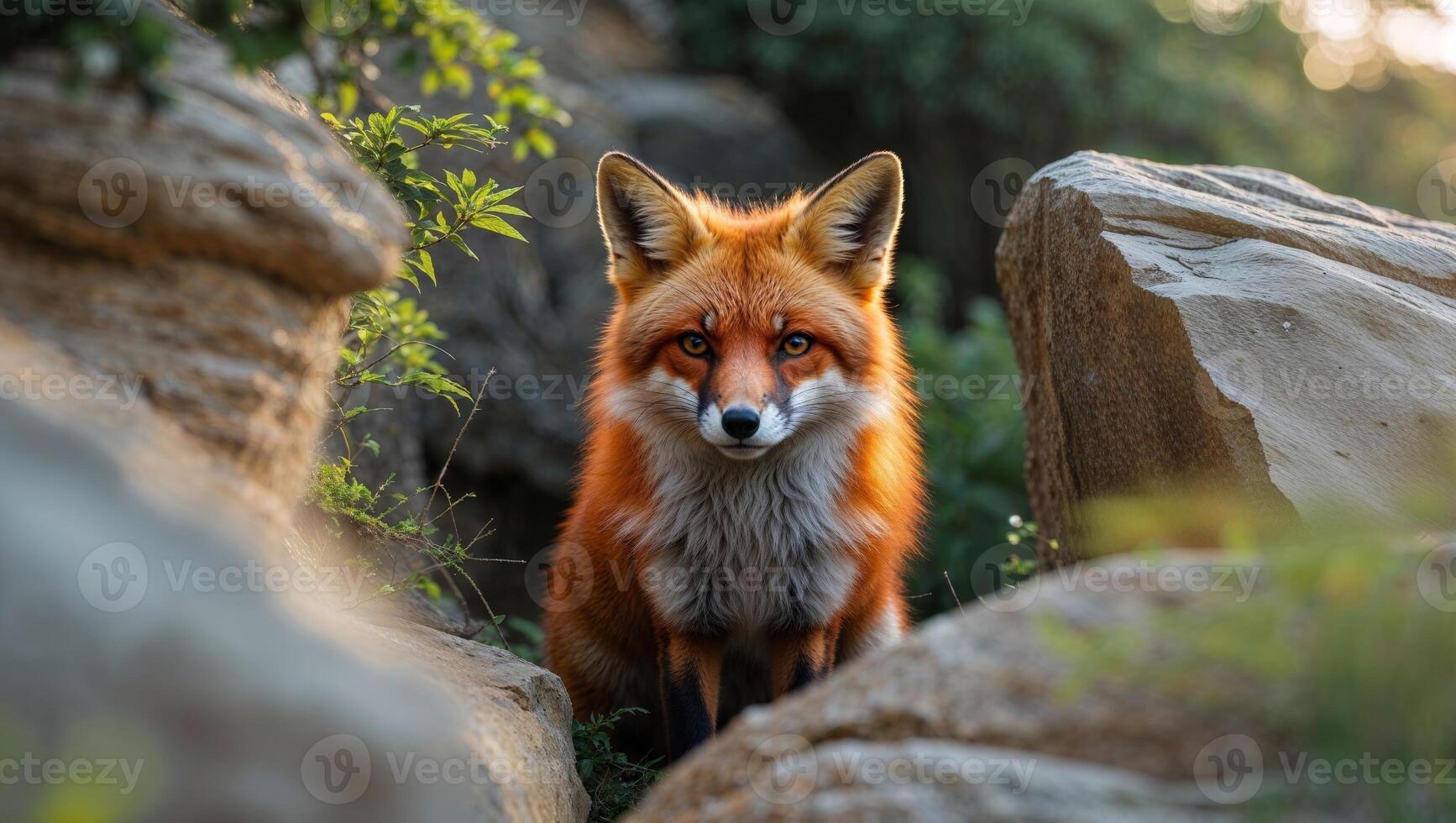 A red fox is sitting on a rock in the woods photo