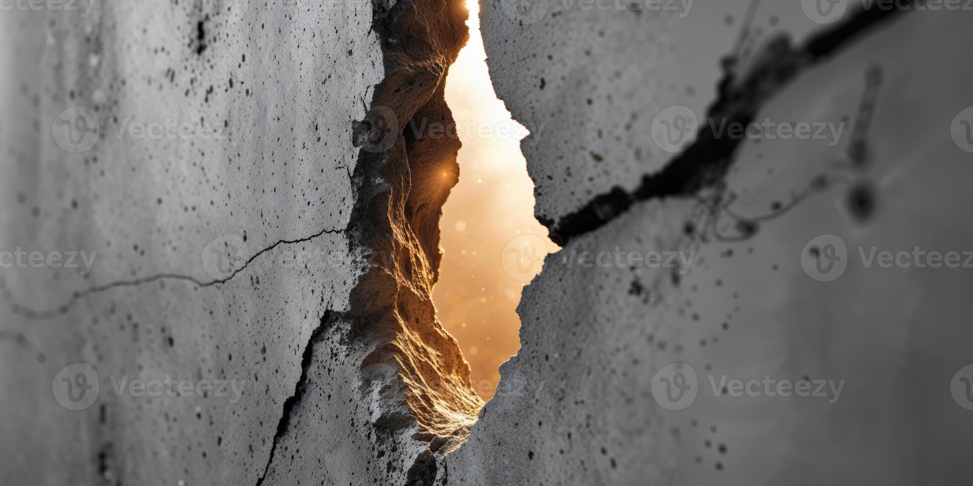 A hole in a concrete wall with a light coming through photo