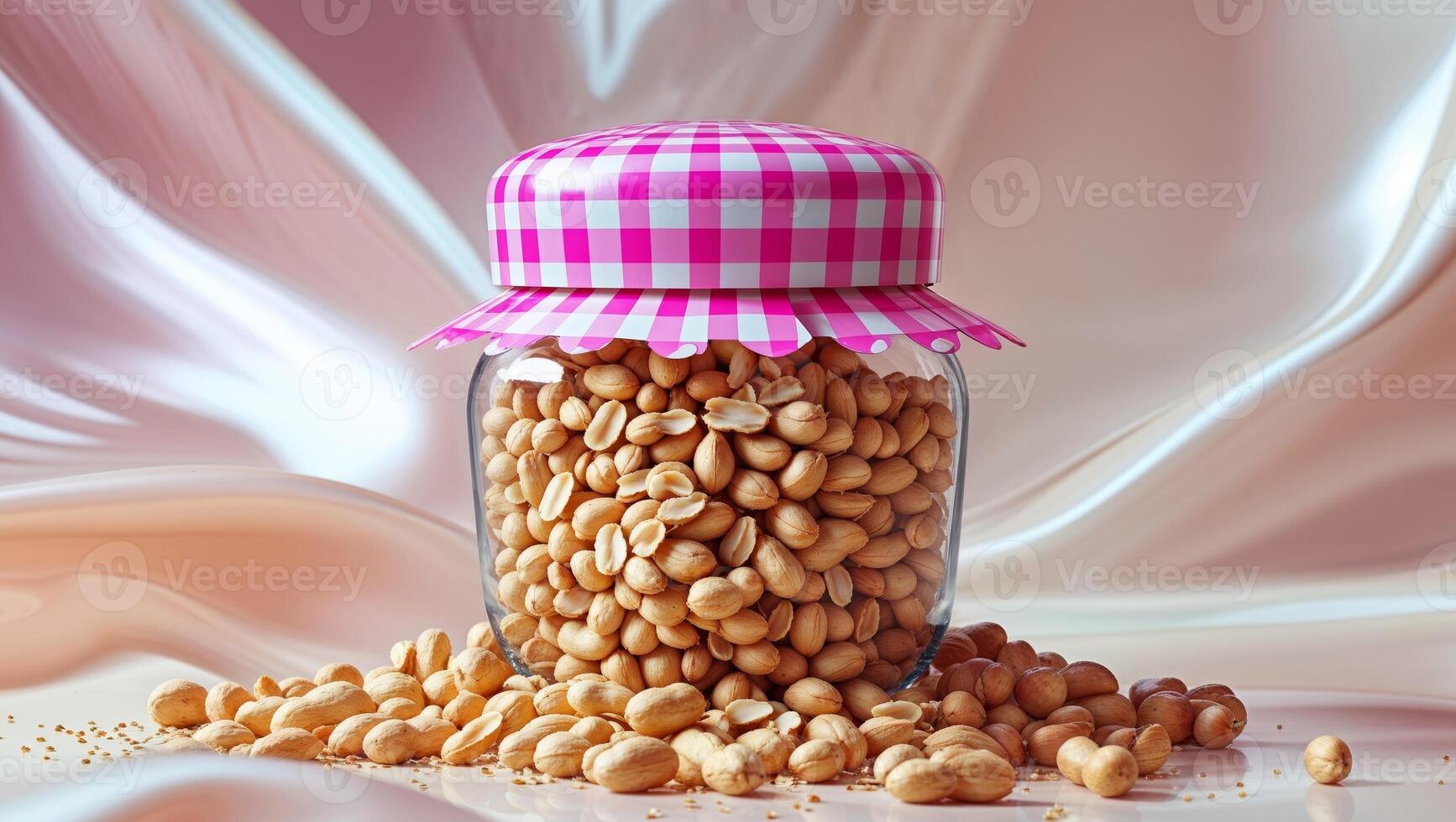 A jar full of peanuts with a pink hat on top photo