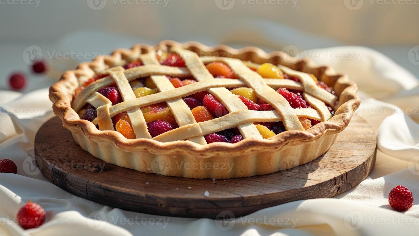 A delicious lattice topped pie with colorful fruity filling on a board. photo