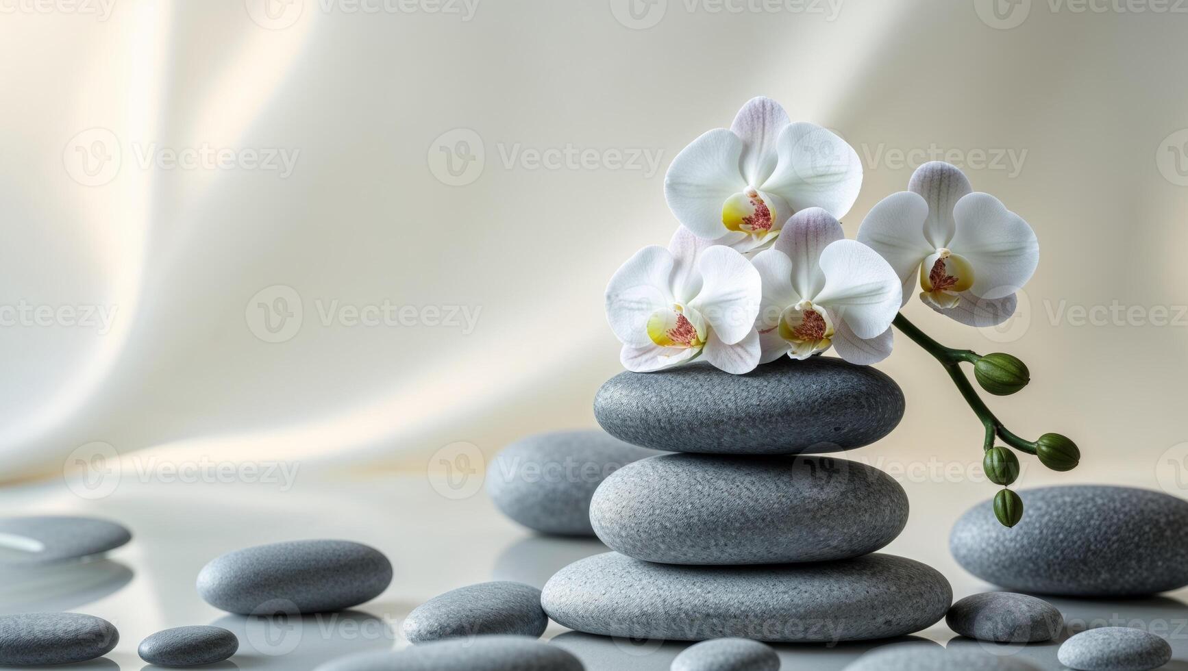 A stack of stones and an orchid on a white background photo