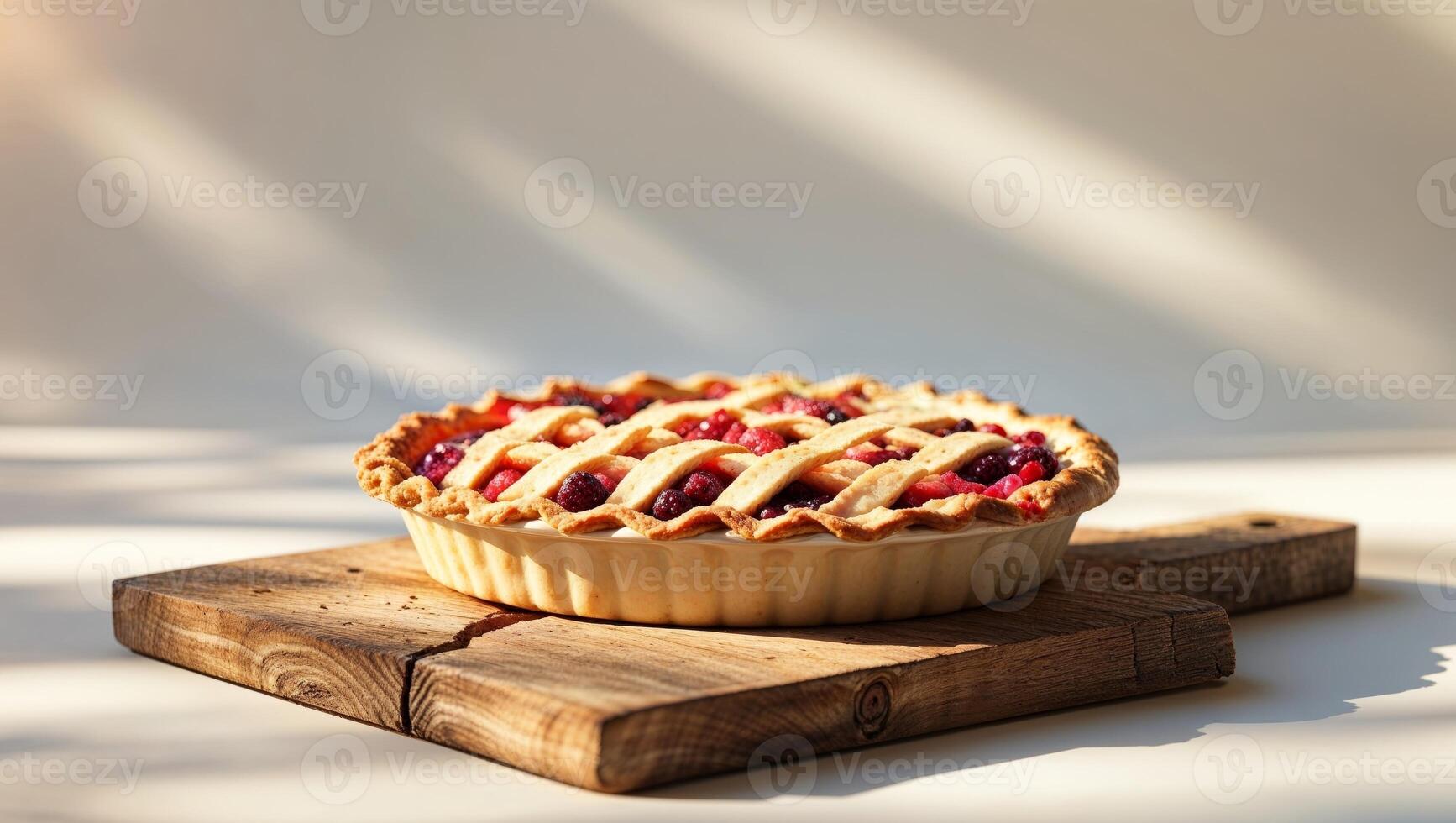 A delicious lattice topped pie with colorful fruity filling on a board photo