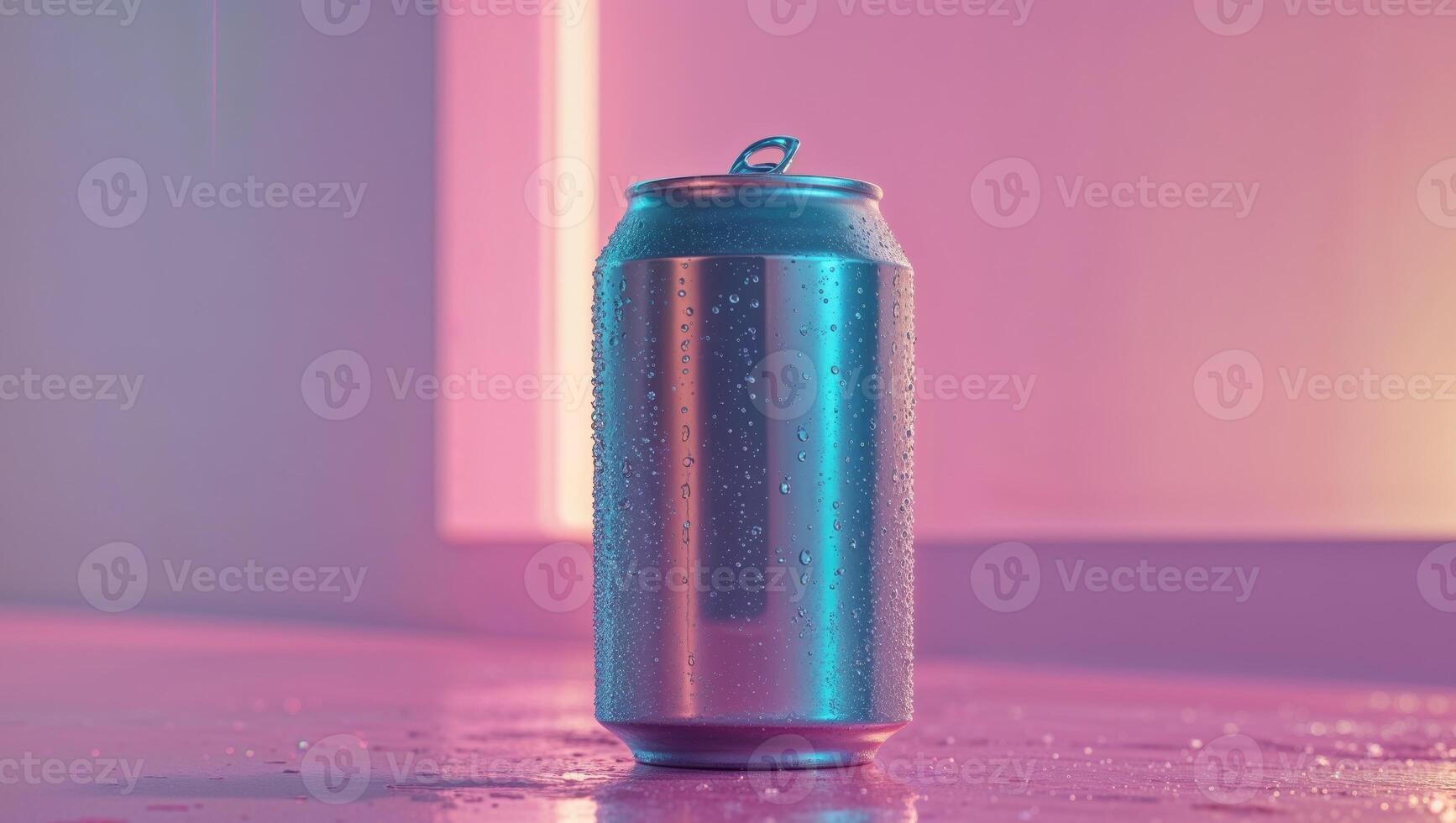 A cold beverage can with condensation sits on pink surface. photo