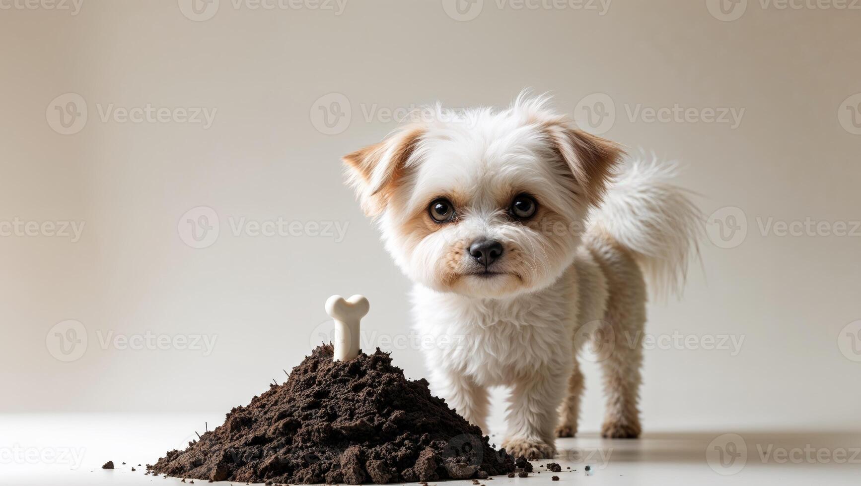 A cute dog stands next to a pile of earth with a bone sticking out of it. photo