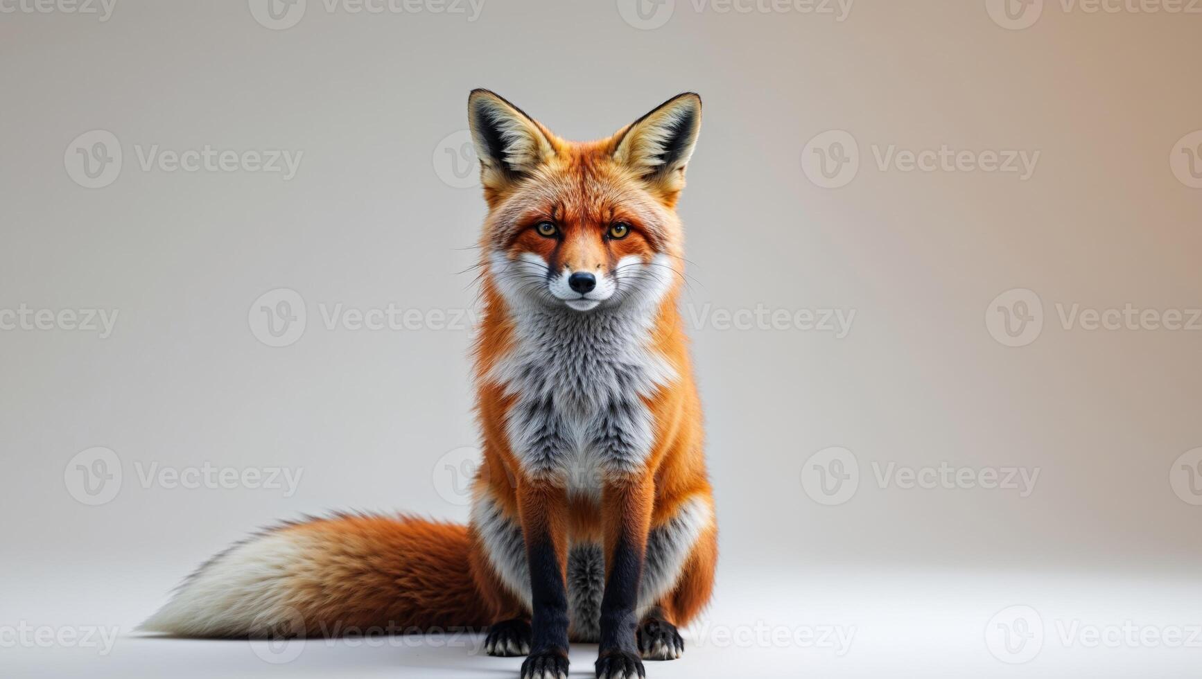A beautiful red fox is sitting looking directly at the viewer. photo