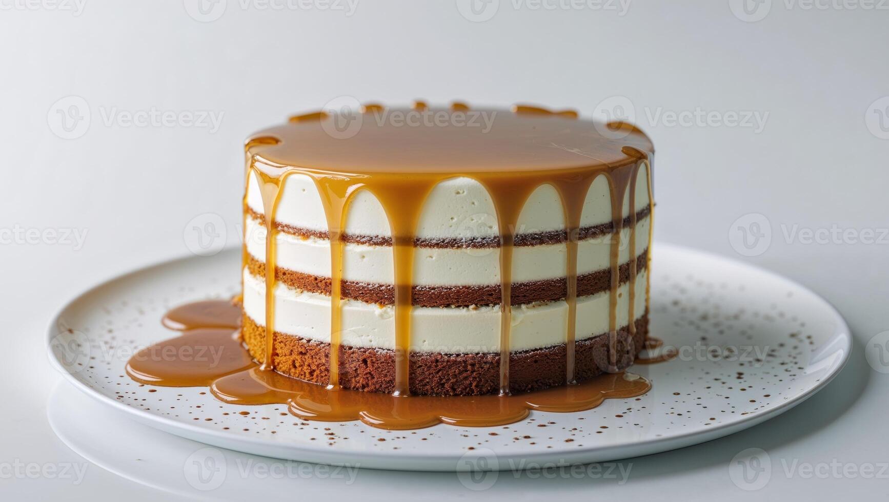 A delicious piece of layered cake with caramel dripping down. photo