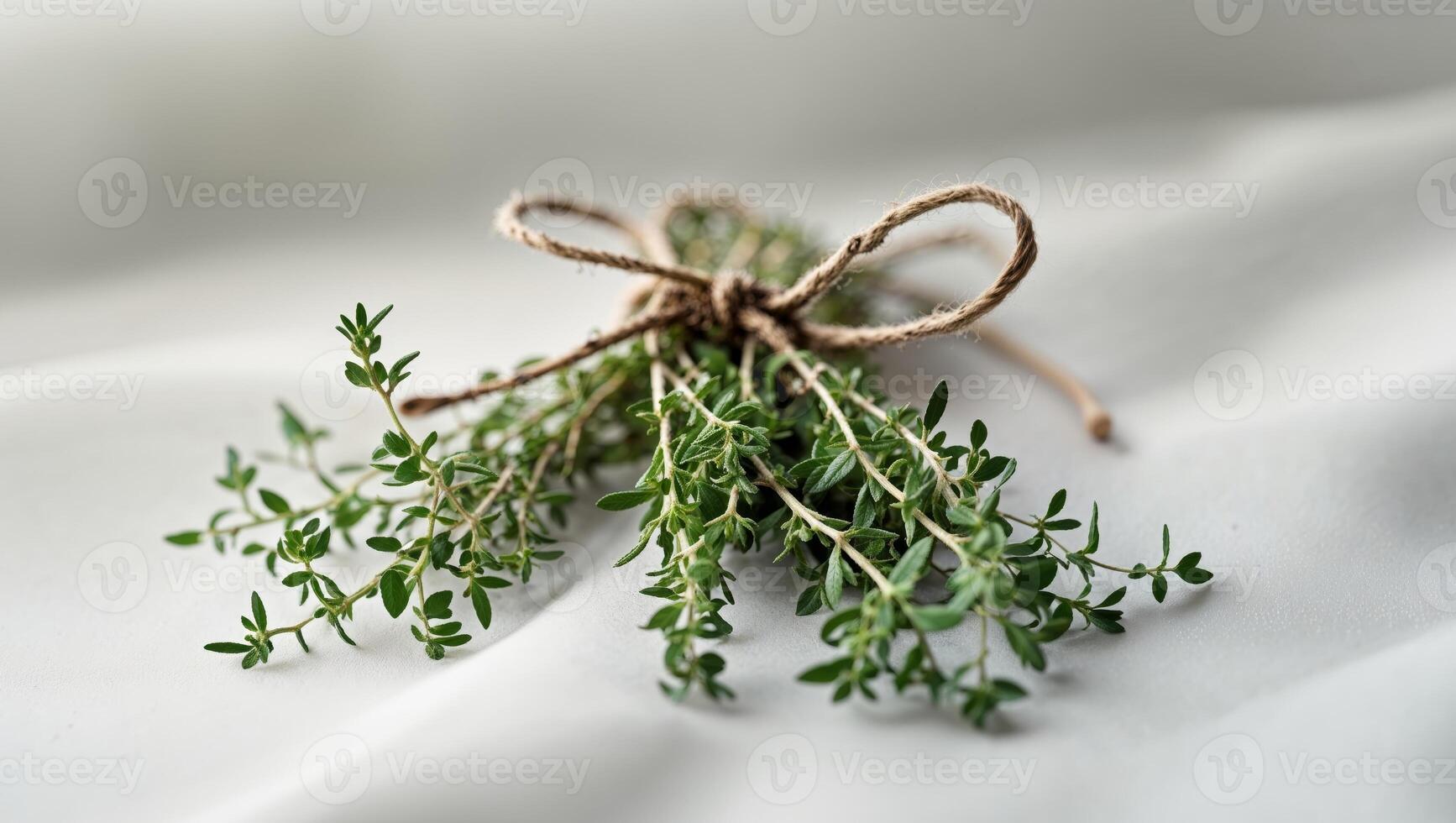 A perfectly balanced macro image of thyme sprigs bound together by twine photo