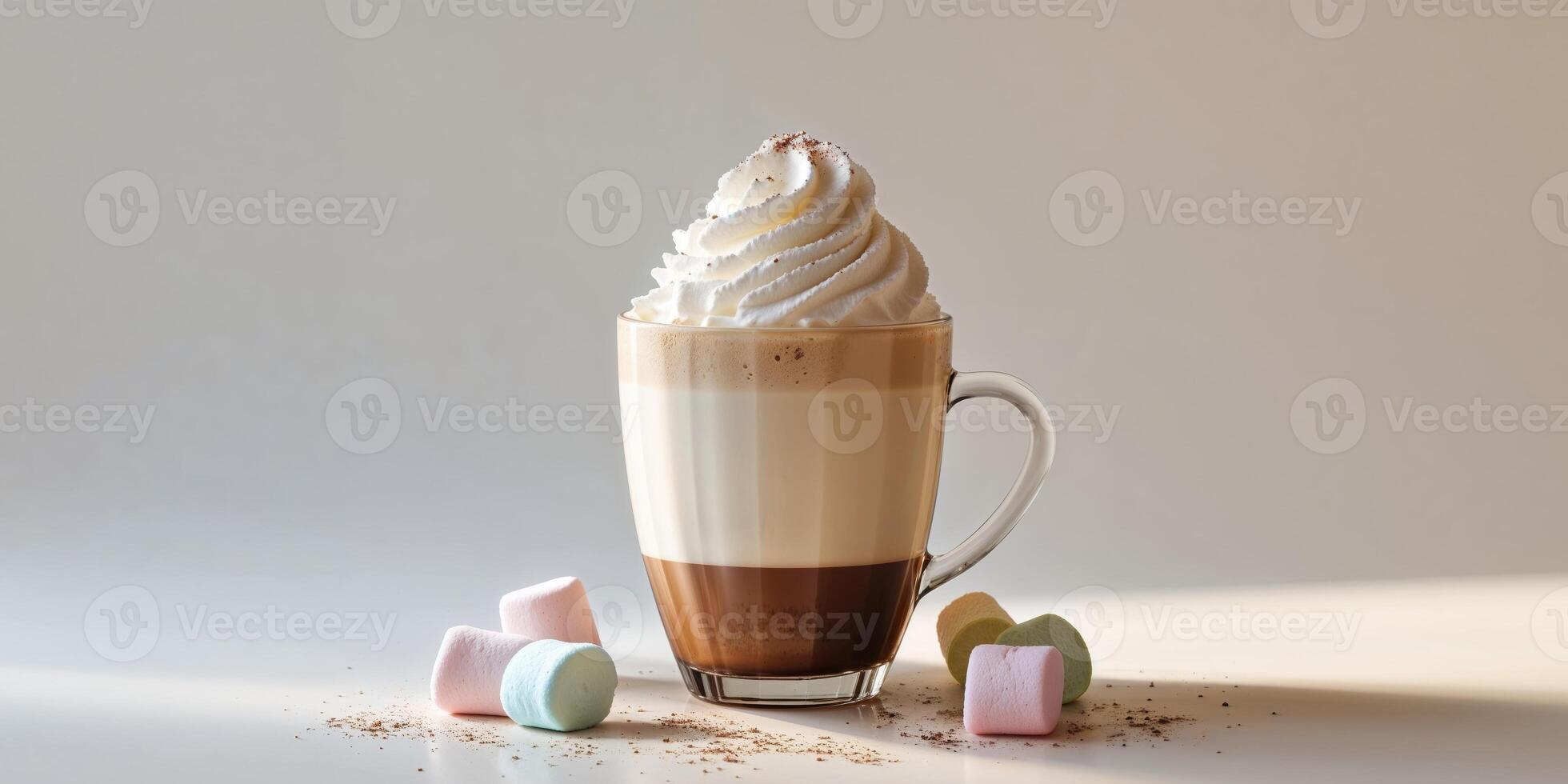 A delicious beverage topped with whipped cream and marshmallows is shown. photo