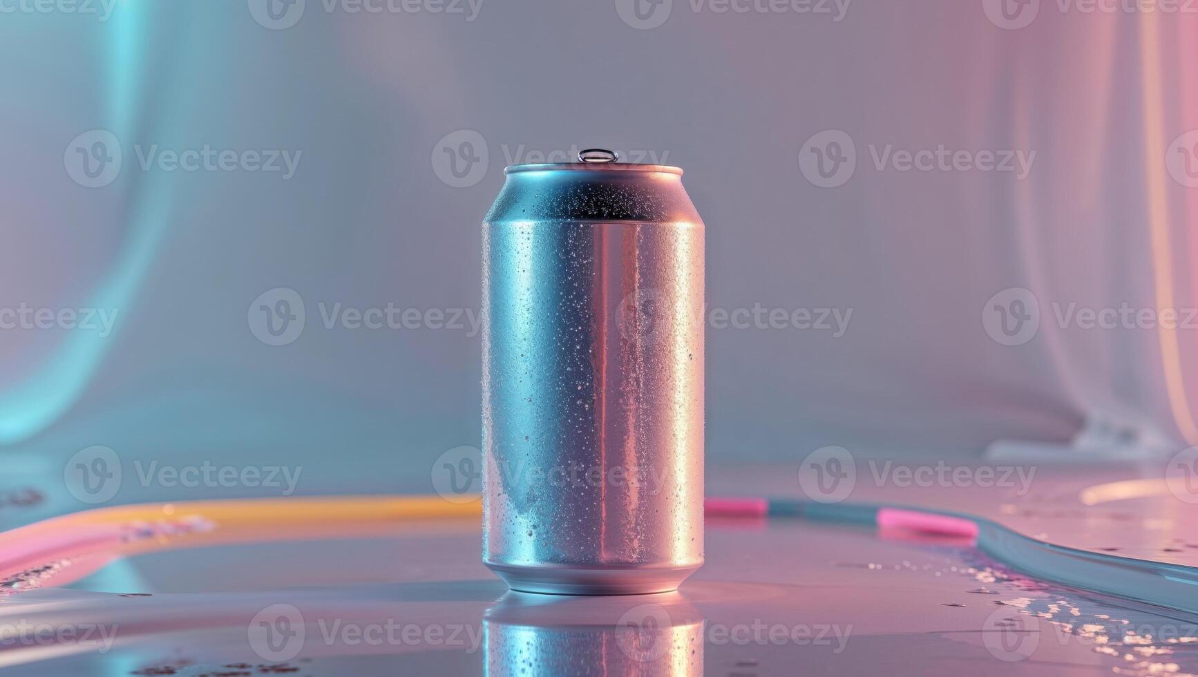 A shiny aluminum beverage can sits on a reflective surface. photo