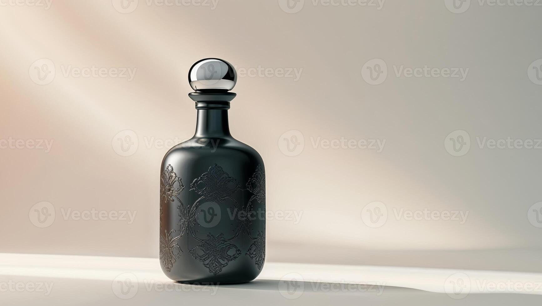 A decorative ornate dark bottle with a metal cap on display. photo