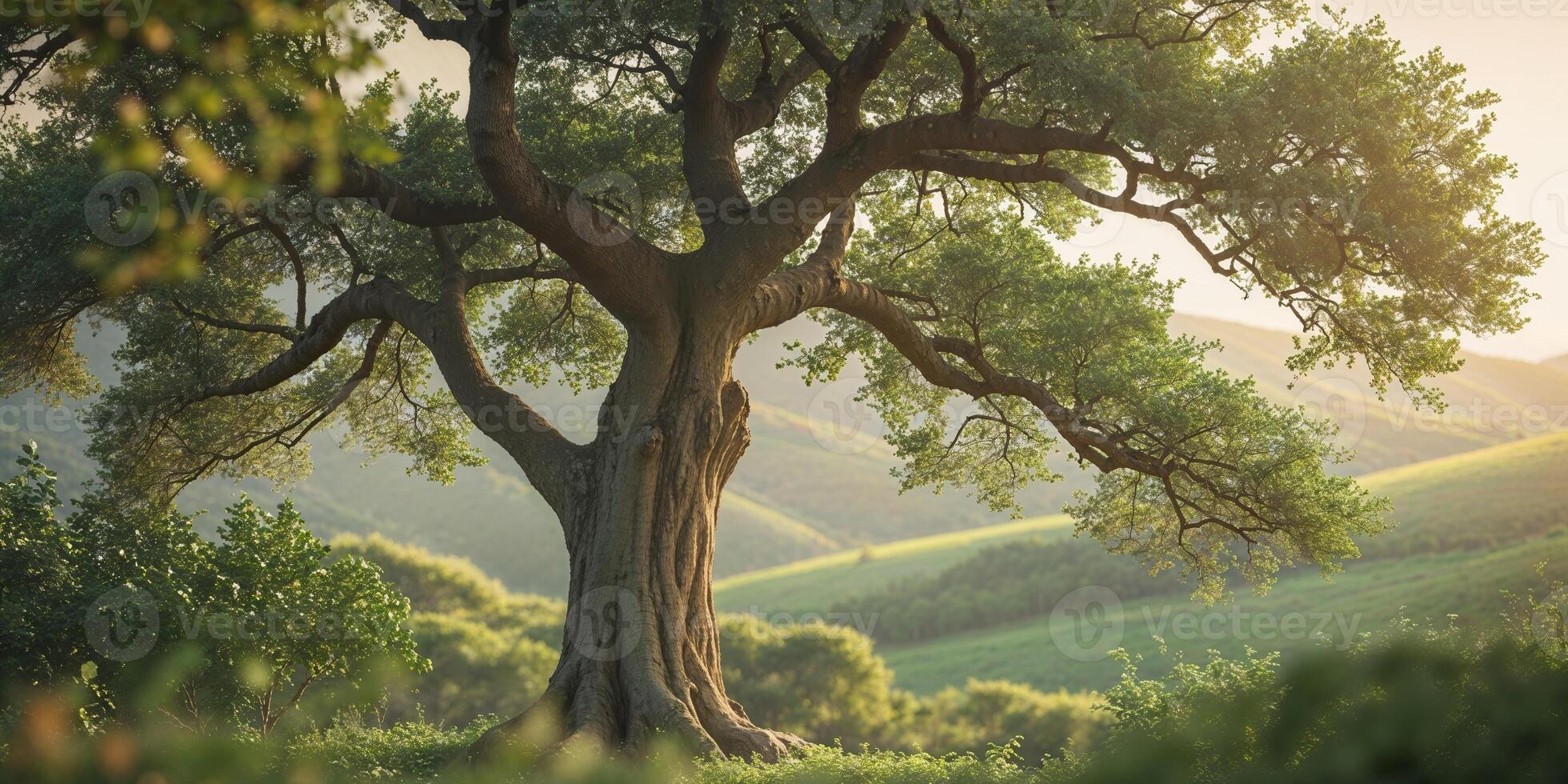 A tree stands in the middle of a green field photo
