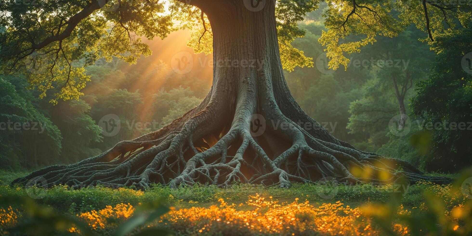 The sun shines through the roots of a tree photo