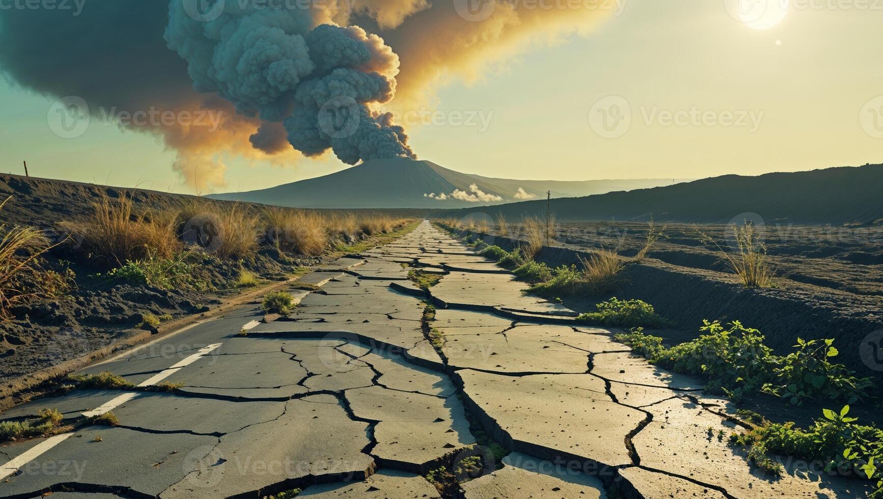 A road with cracks and smoke coming out of it photo