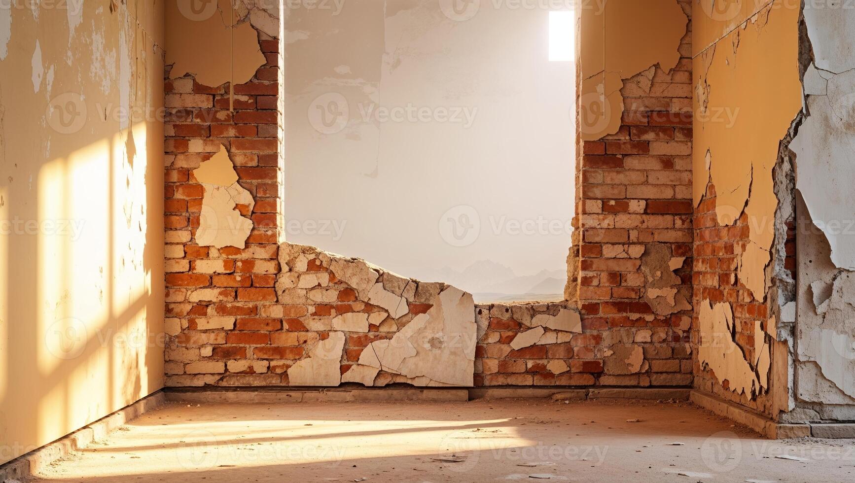 A room with a broken wall and a window photo