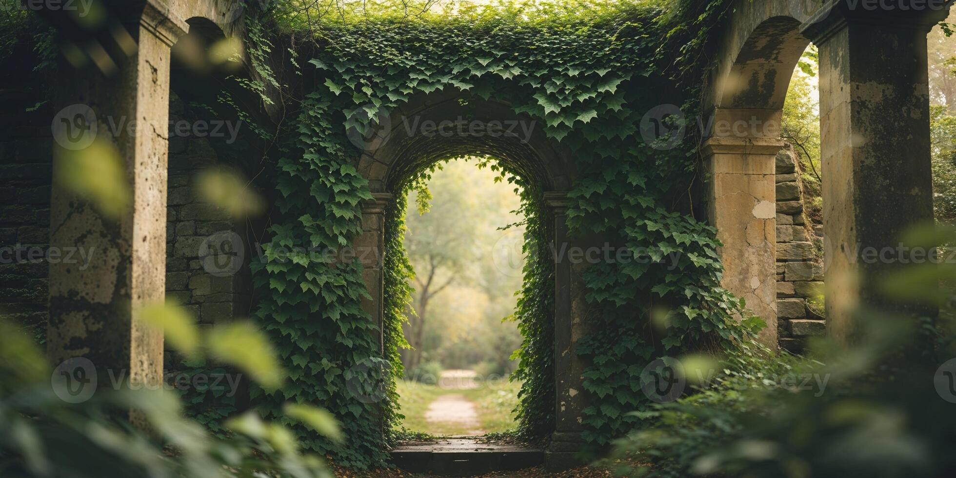 An archway with ivy growing over it photo