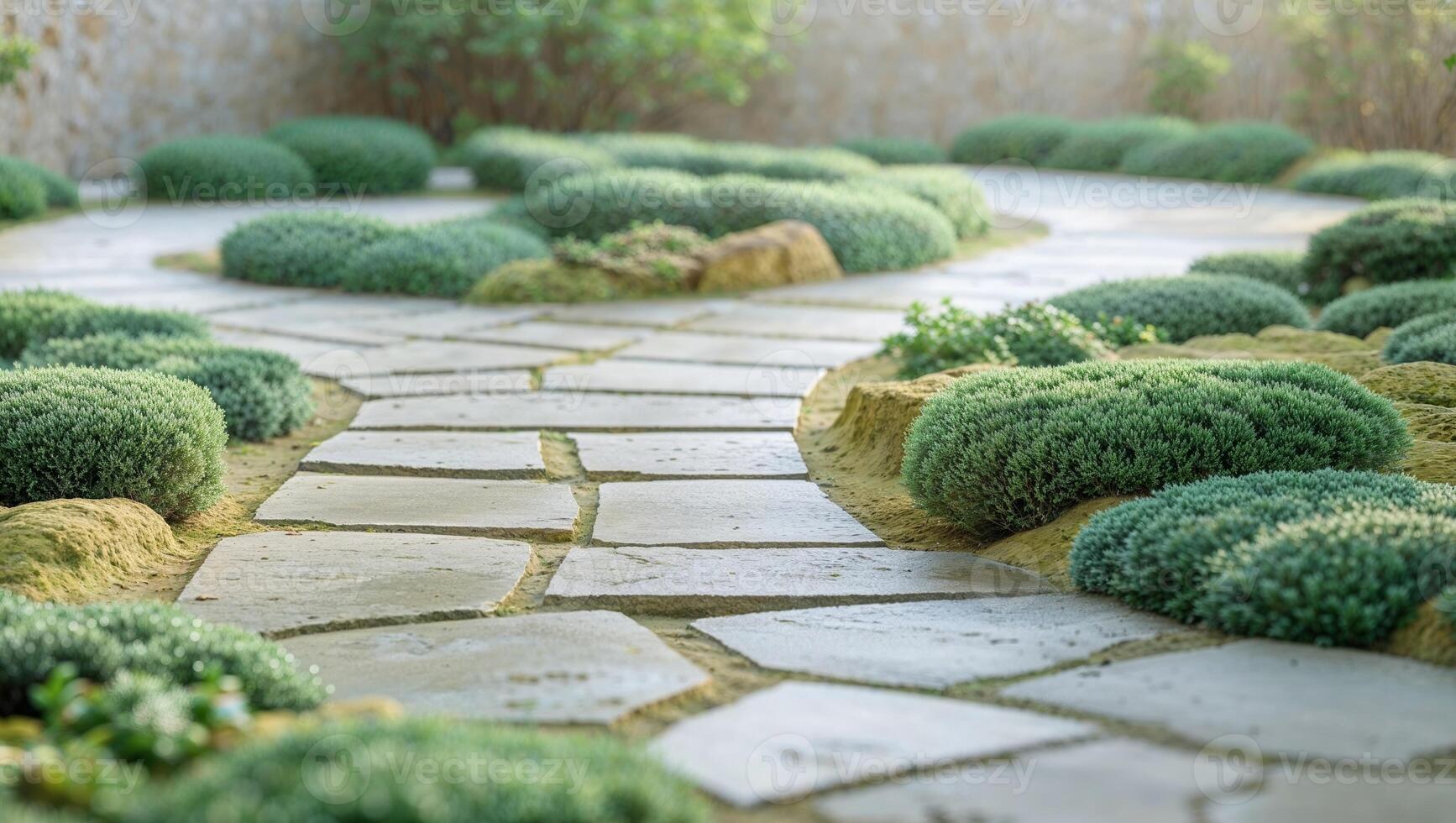 A stone pathway winds through a green landscaped garden area photo
