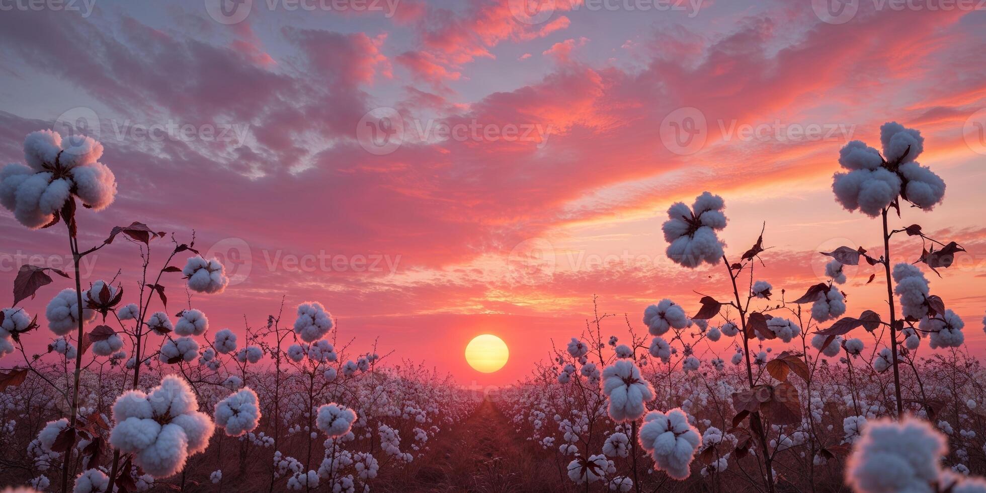 Cotton fields at sunset create a stunning landscape view. photo