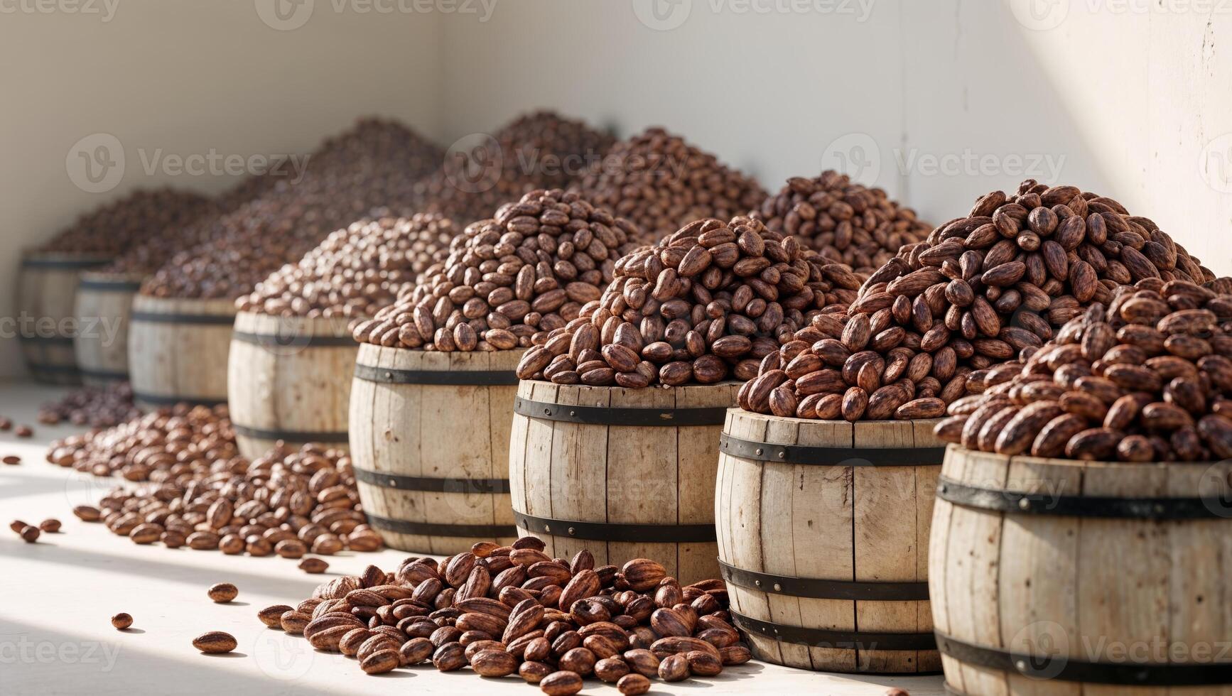 A Bountiful Display of Cocoa Beans in Wooden Barrels. photo