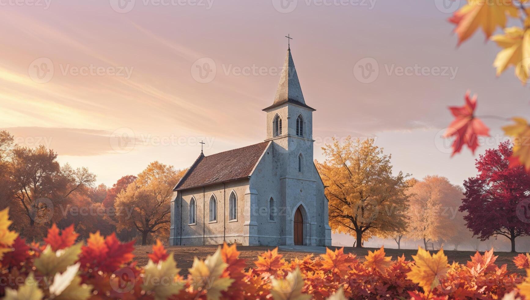 Scenic autumn landscape with church and colorful sky. photo